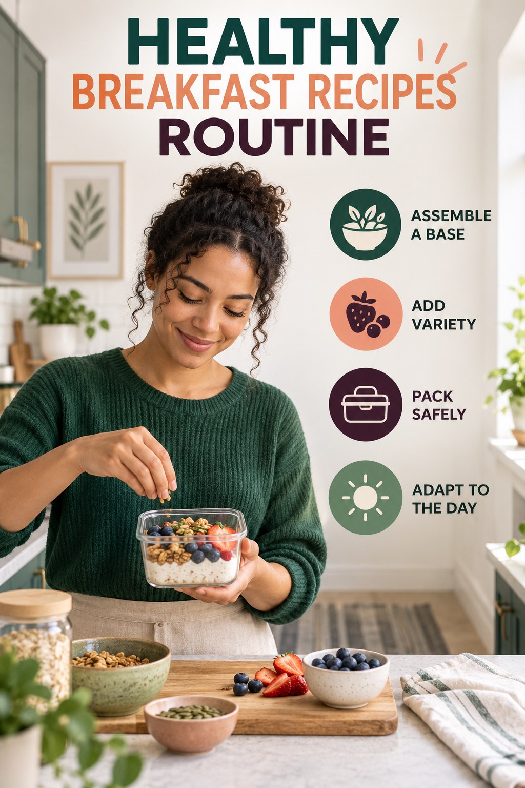 Minimal Lunch Planning for Healthy Breakfast Recipes with four concise practical actions in a clean minimal health design.