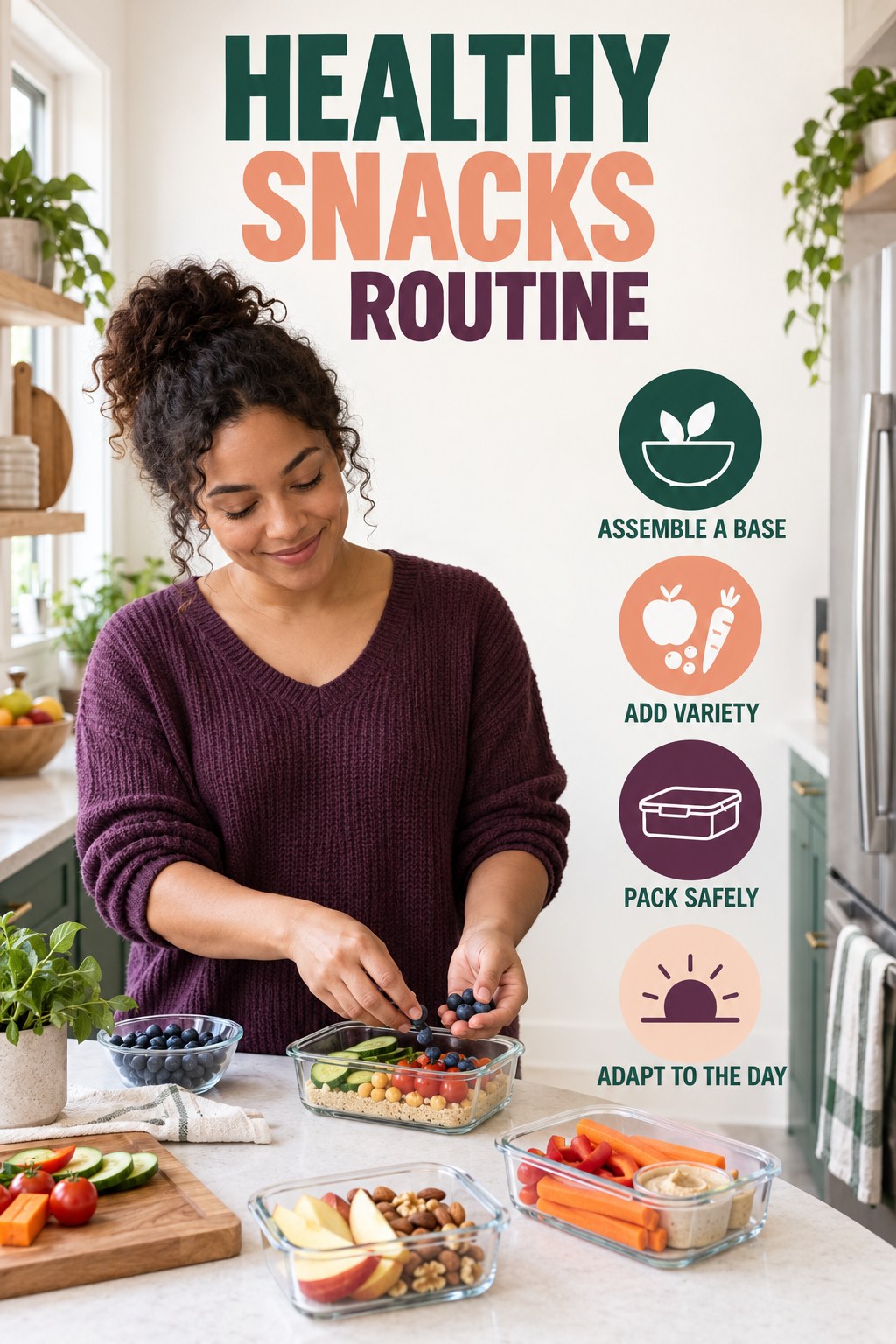 Minimal Lunch Planning for Healthy Snacks with four concise practical actions in a clean minimal health design.