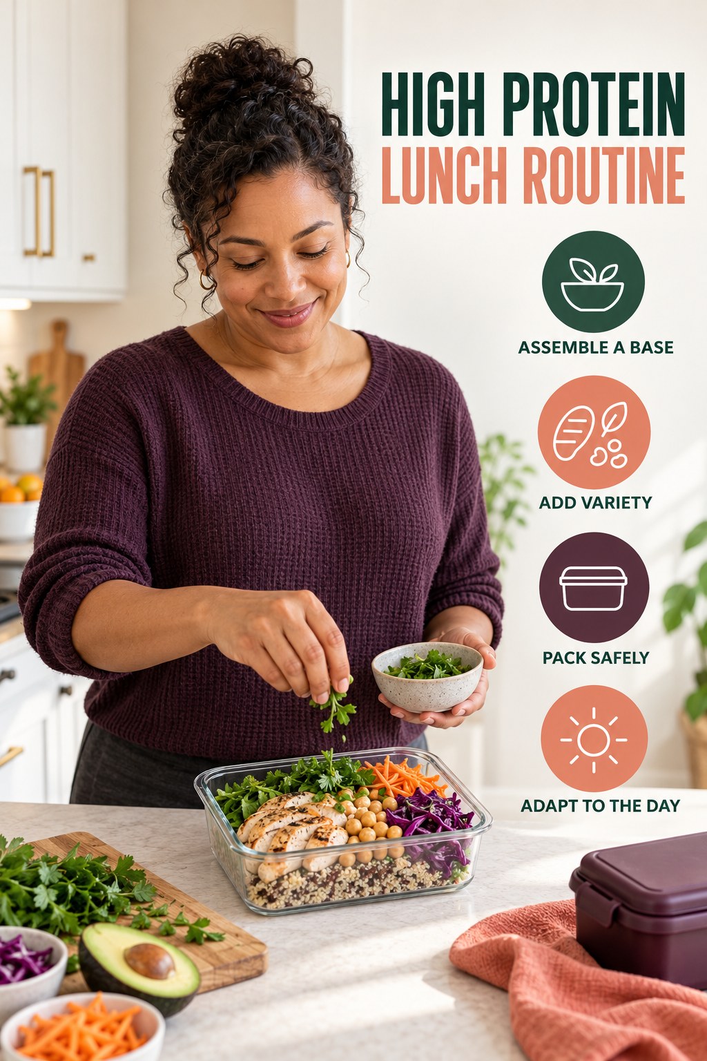 Minimal Lunch Planning for High Protein Lunch with four concise practical actions in a clean minimal health design.
