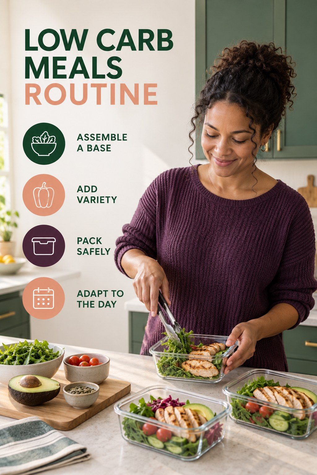 Minimal Lunch Planning for Low Carb Meals with four concise practical actions in a clean minimal health design.