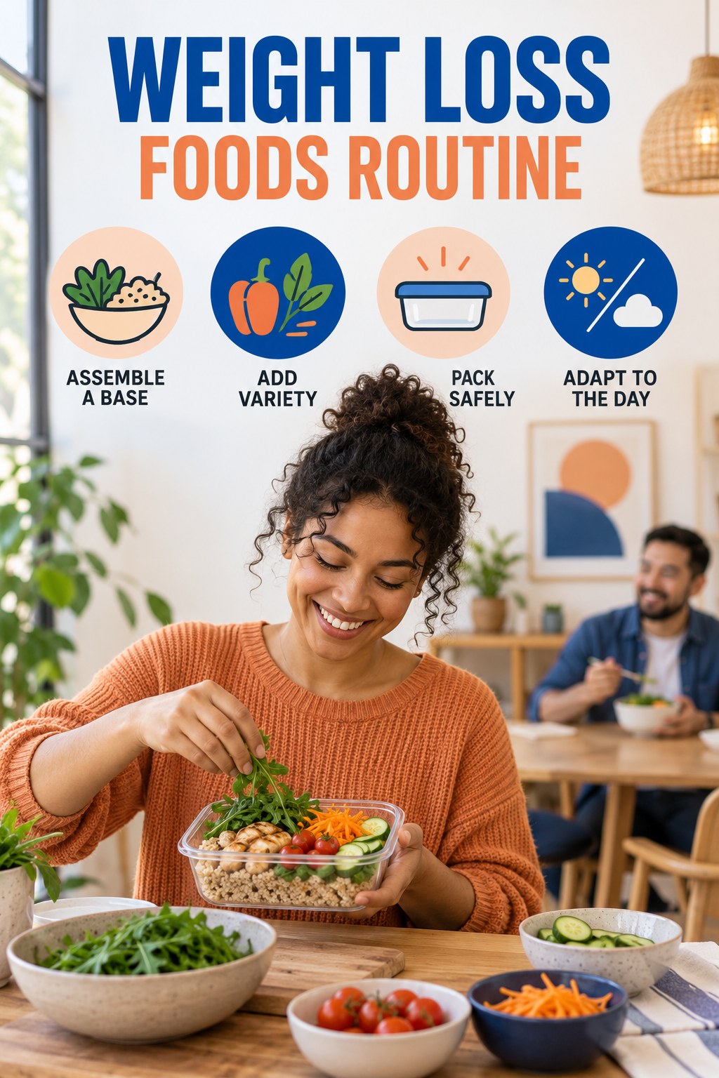 Minimal Lunch Planning for Weight Loss Foods with four concise practical actions in a clean minimal health design.