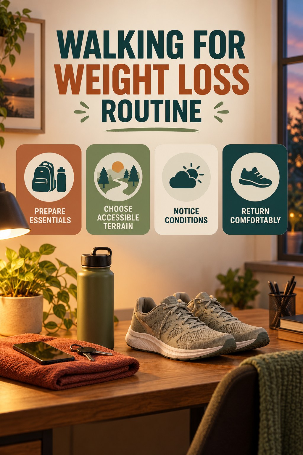Minimal Outdoor Activity for Walking for Weight Loss with four concise practical actions in a clean minimal health design.