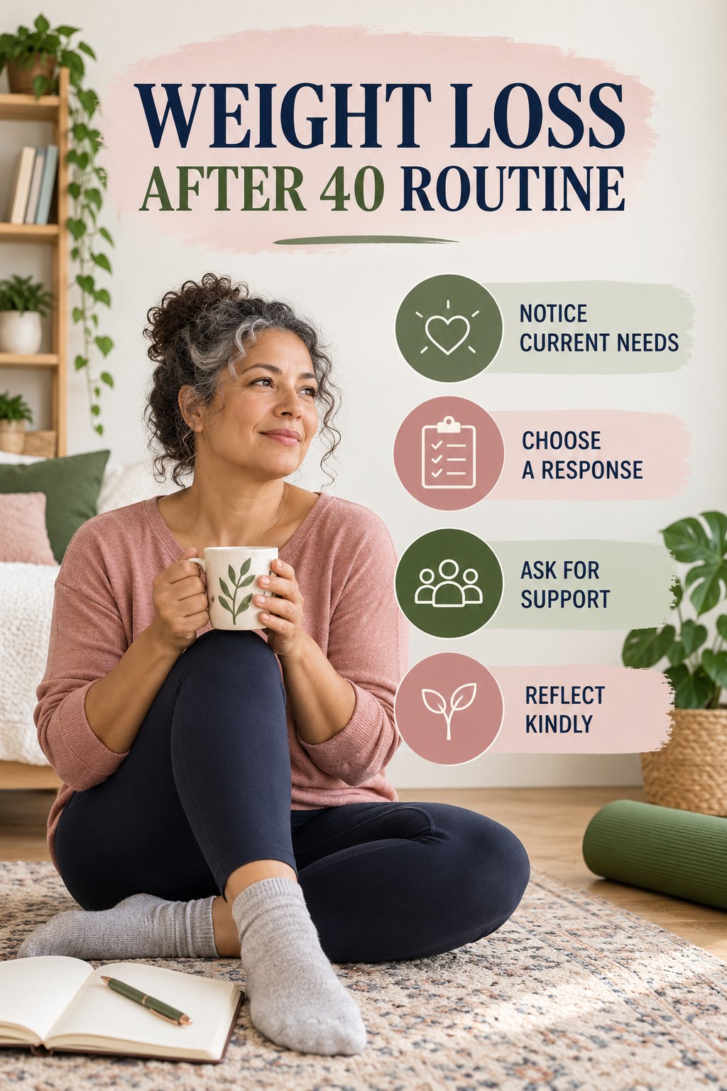 Minimal Self-Care Routine for Weight Loss After 40 with four concise practical actions in a clean minimal health design.