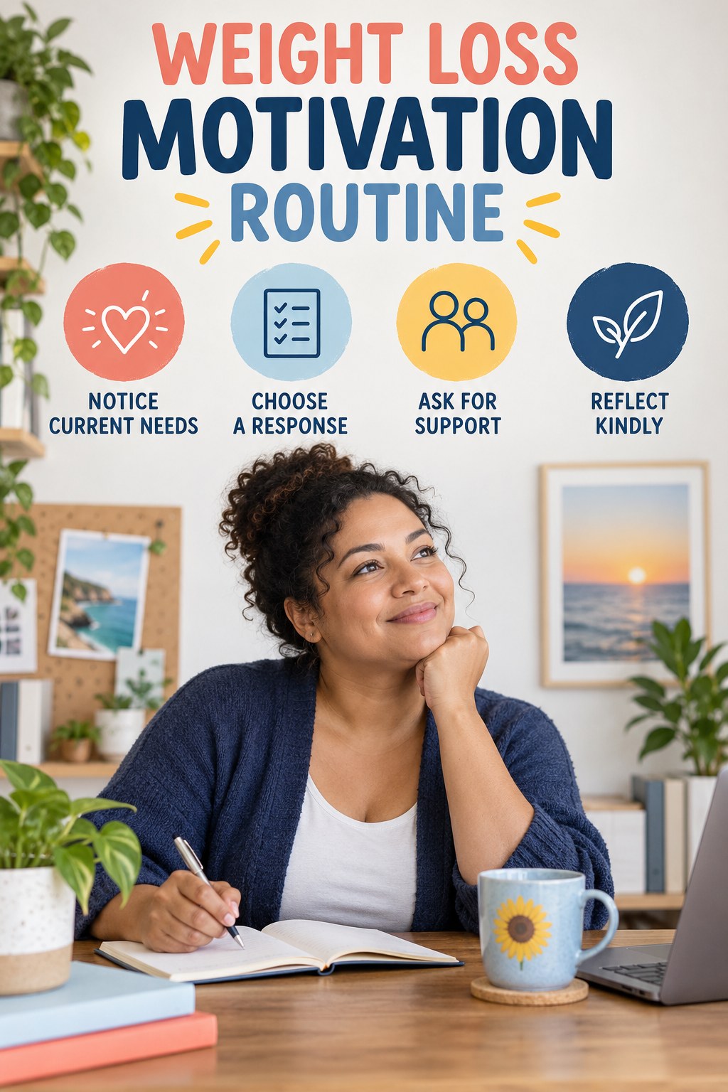 Minimal Self-Care Routine for Weight Loss Motivation with four concise practical actions in a clean minimal health design.
