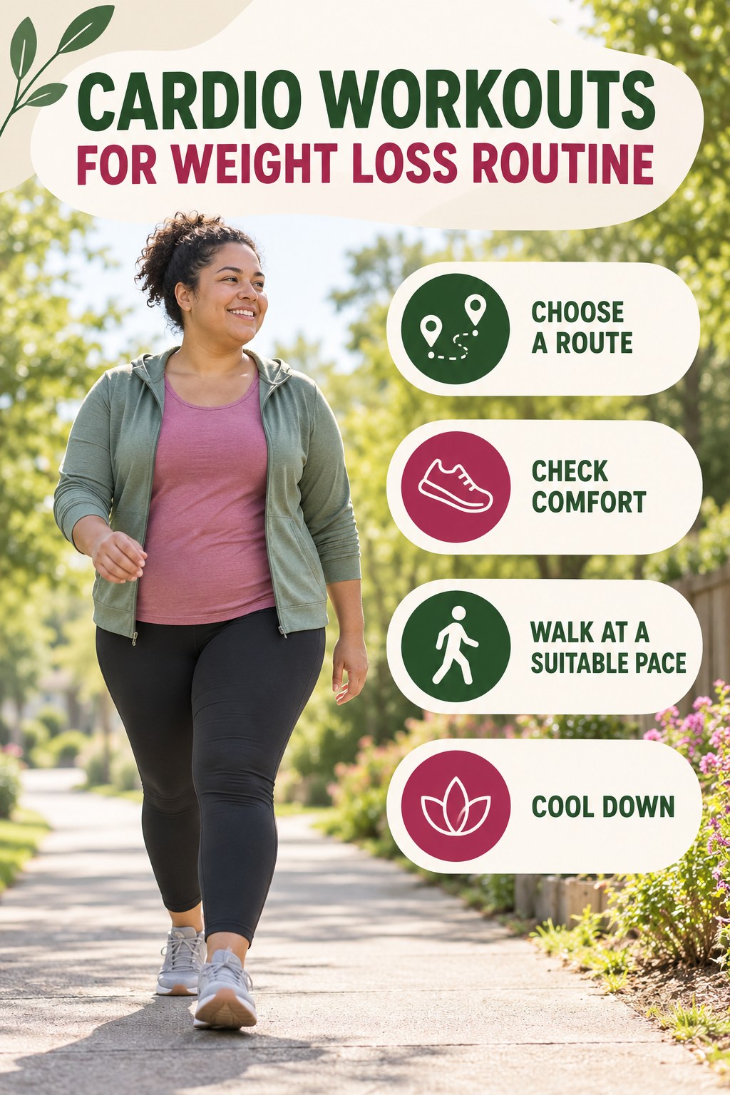 Minimal Walking Habit for Cardio Workouts for Weight Loss with four concise practical actions in a clean minimal health design.