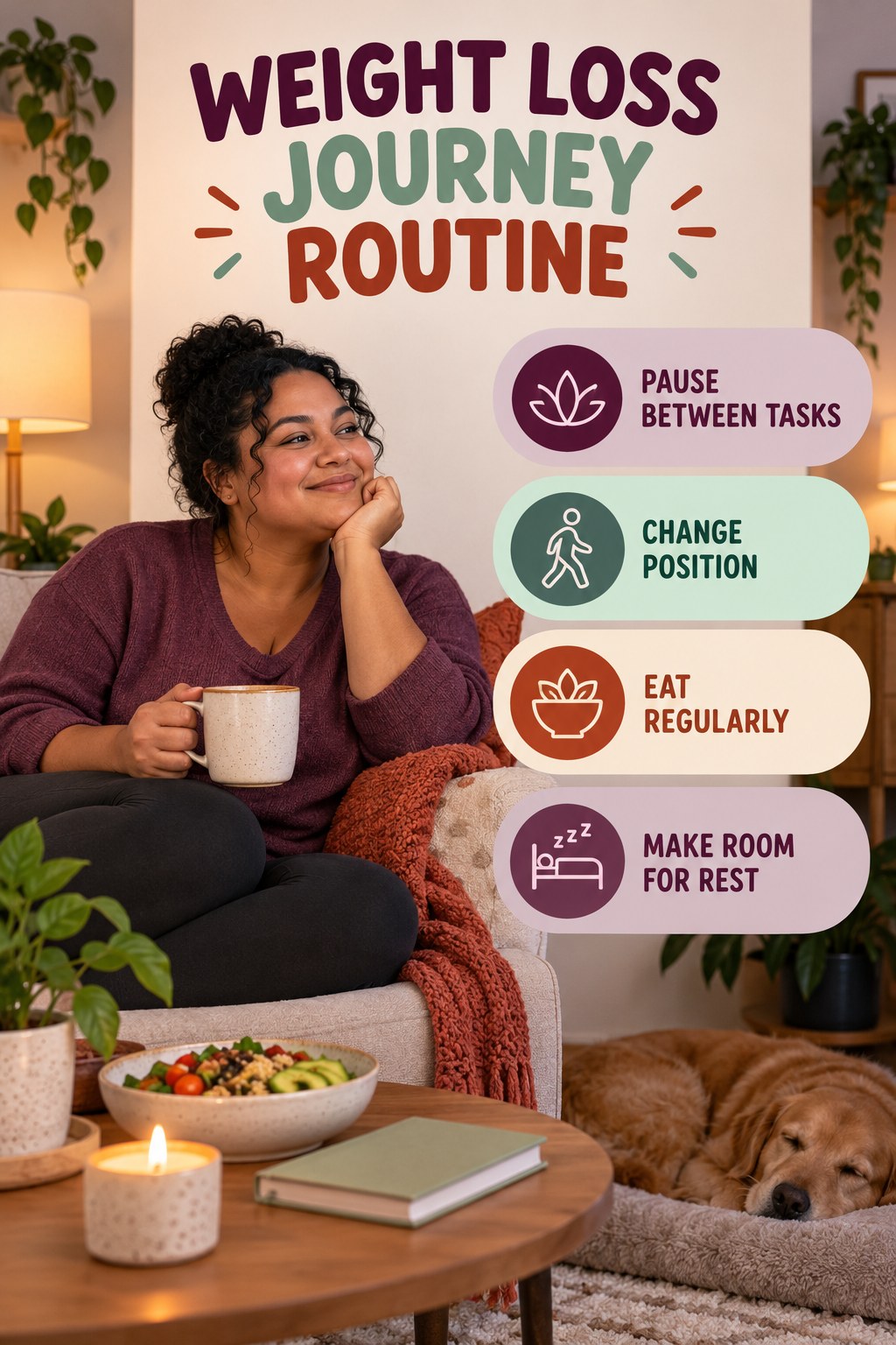 Minimal Workday Health for Weight Loss Journey with four concise practical actions in a clean minimal health design.