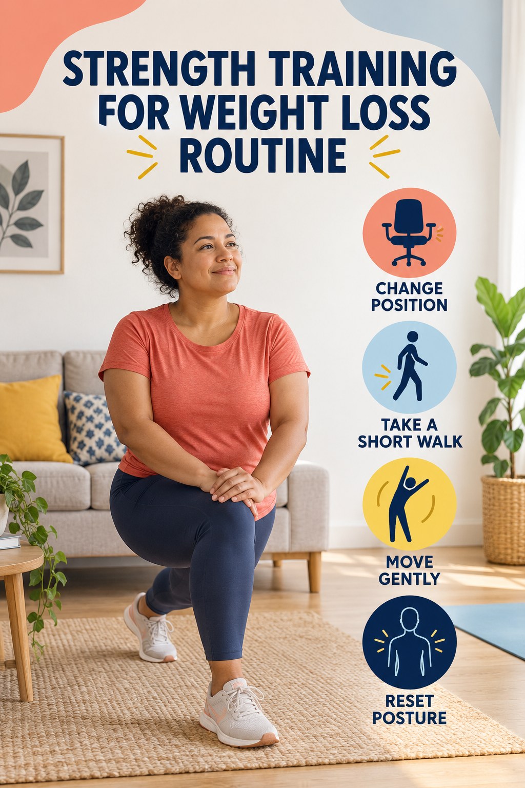 Minimal Workday Movement for Strength Training for Weight Loss with four concise practical actions in a clean minimal health design.