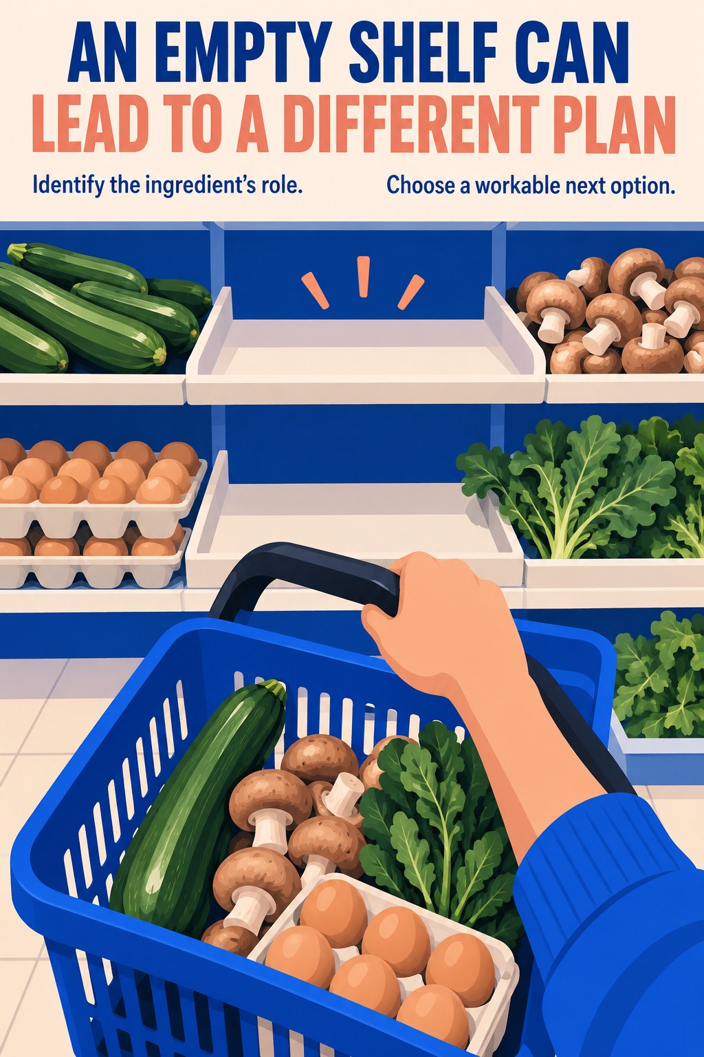 Illustrated grocery basket with vegetables and eggs beside an empty shelf and encouragement to choose another workable meal plan.