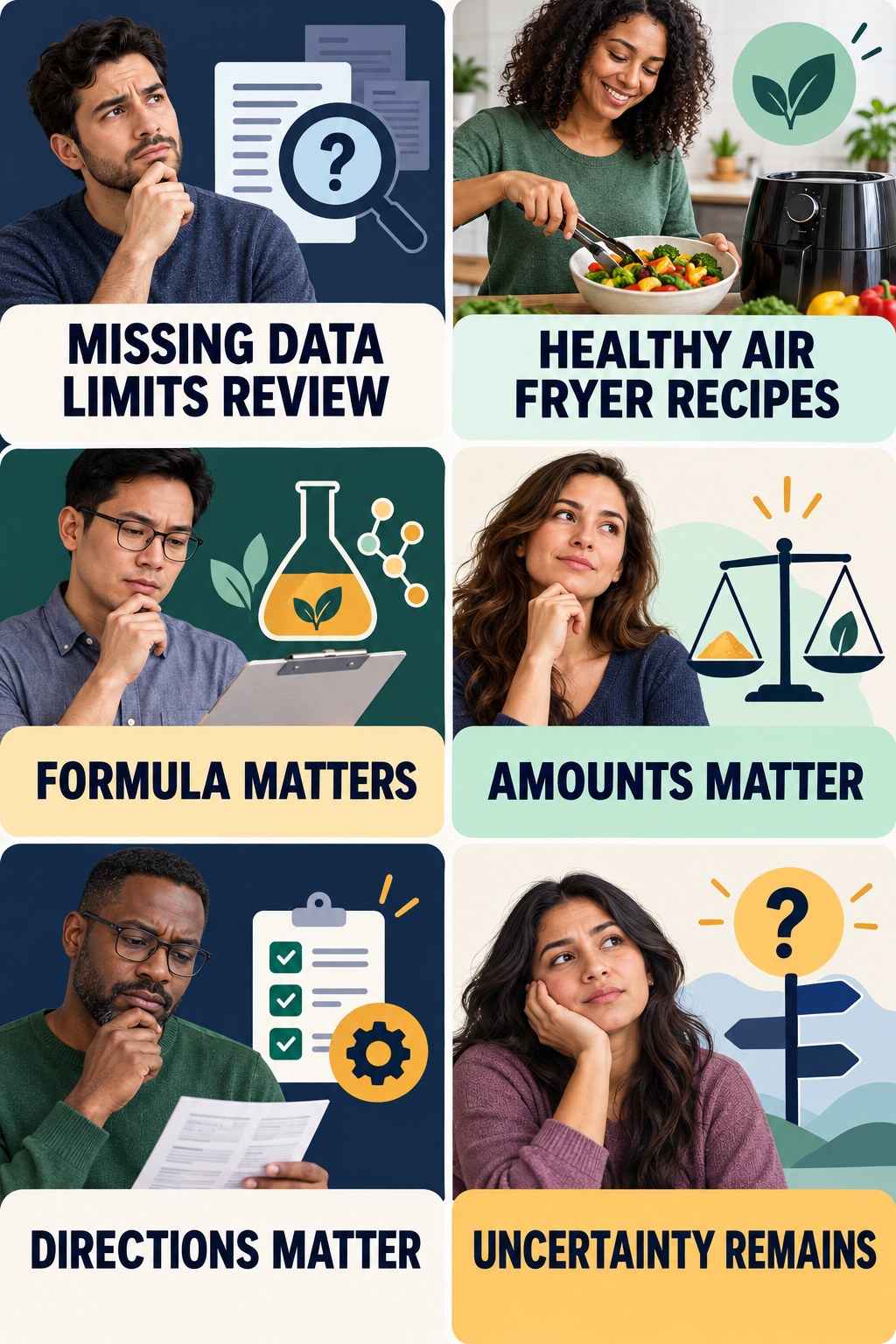 Missing Supplement Facts Limit Evaluation evidence-literacy infographic for Healthy Air Fryer Recipes with four concise claim-evaluation checks.