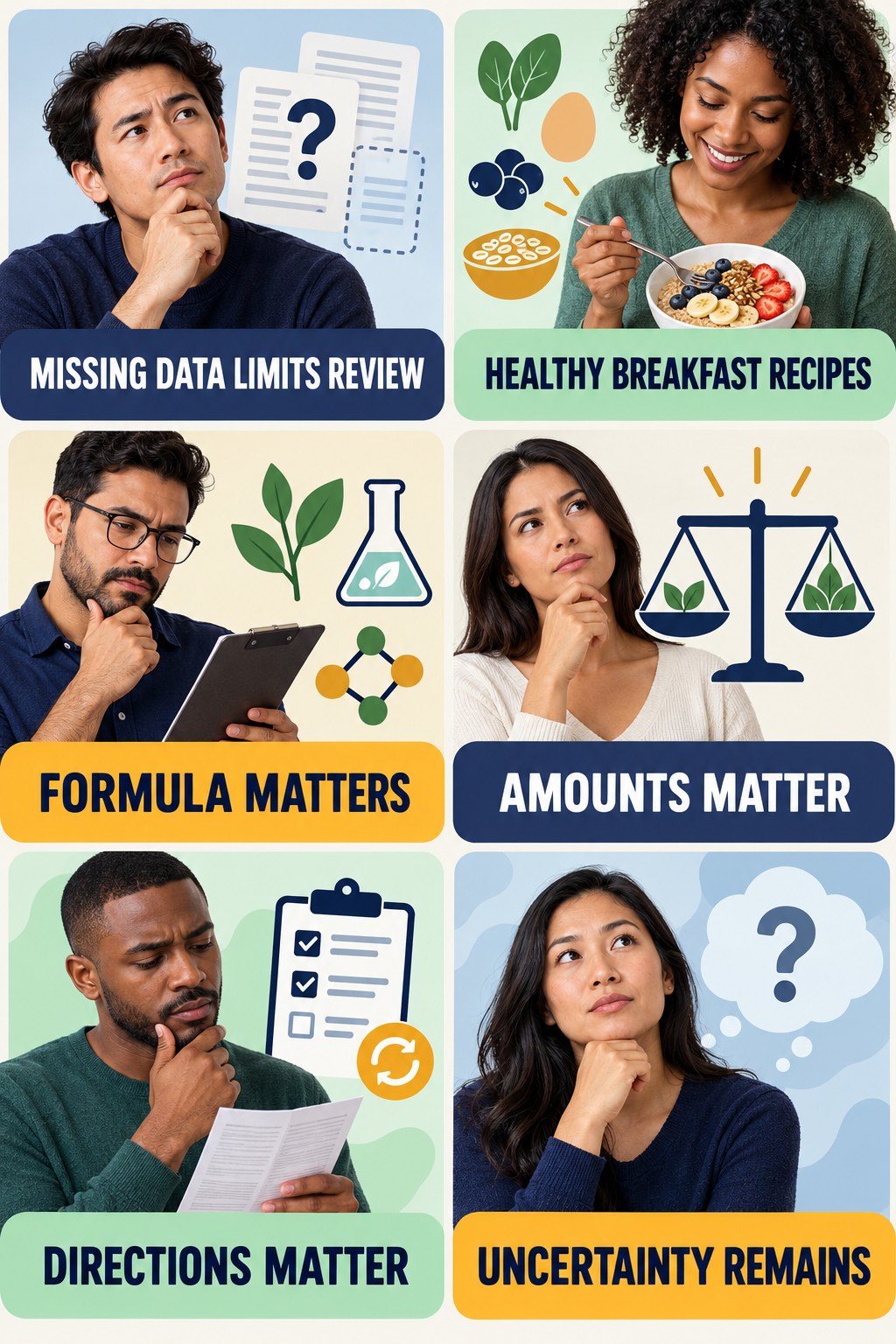 Missing Supplement Facts Limit Evaluation evidence-literacy infographic for Healthy Breakfast Recipes with four concise claim-evaluation checks.