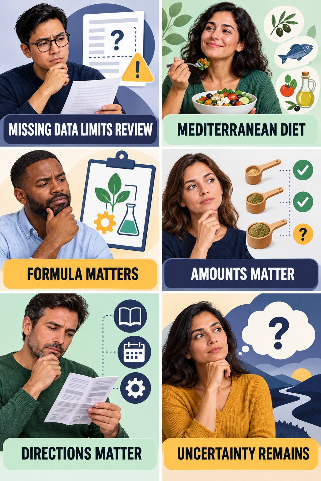 Missing Supplement Facts Limit Evaluation evidence-literacy infographic for Mediterranean Diet with four concise claim-evaluation checks.