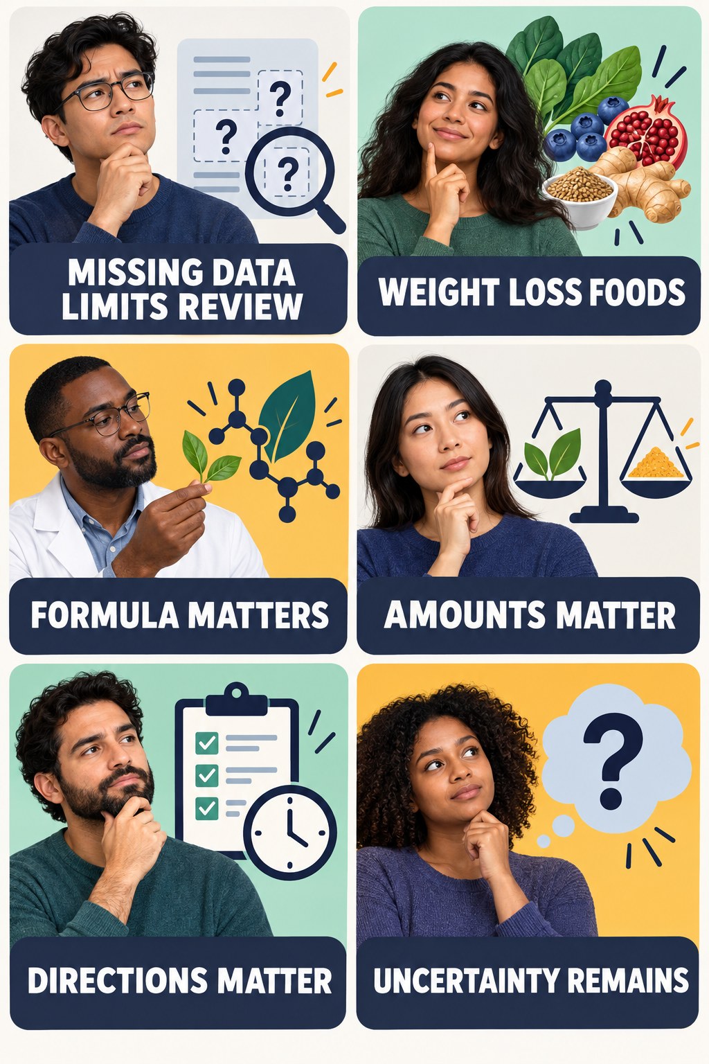 Missing Supplement Facts Limit Evaluation evidence-literacy infographic for Weight Loss Foods with four concise claim-evaluation checks.