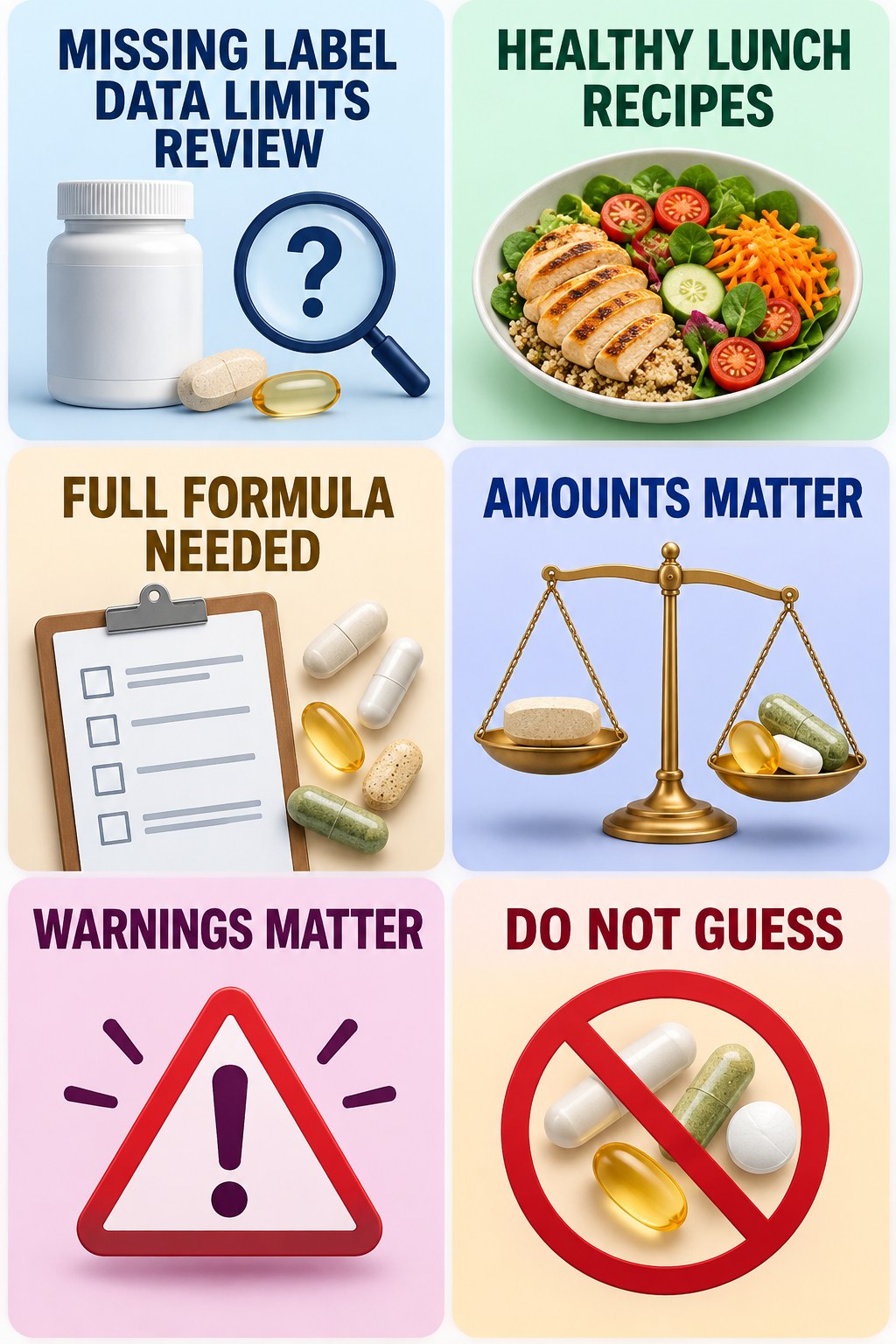 Missing Supplement Facts Limit Interaction Review supplement-interaction safety infographic for Healthy Lunch Recipes with four concise review points.