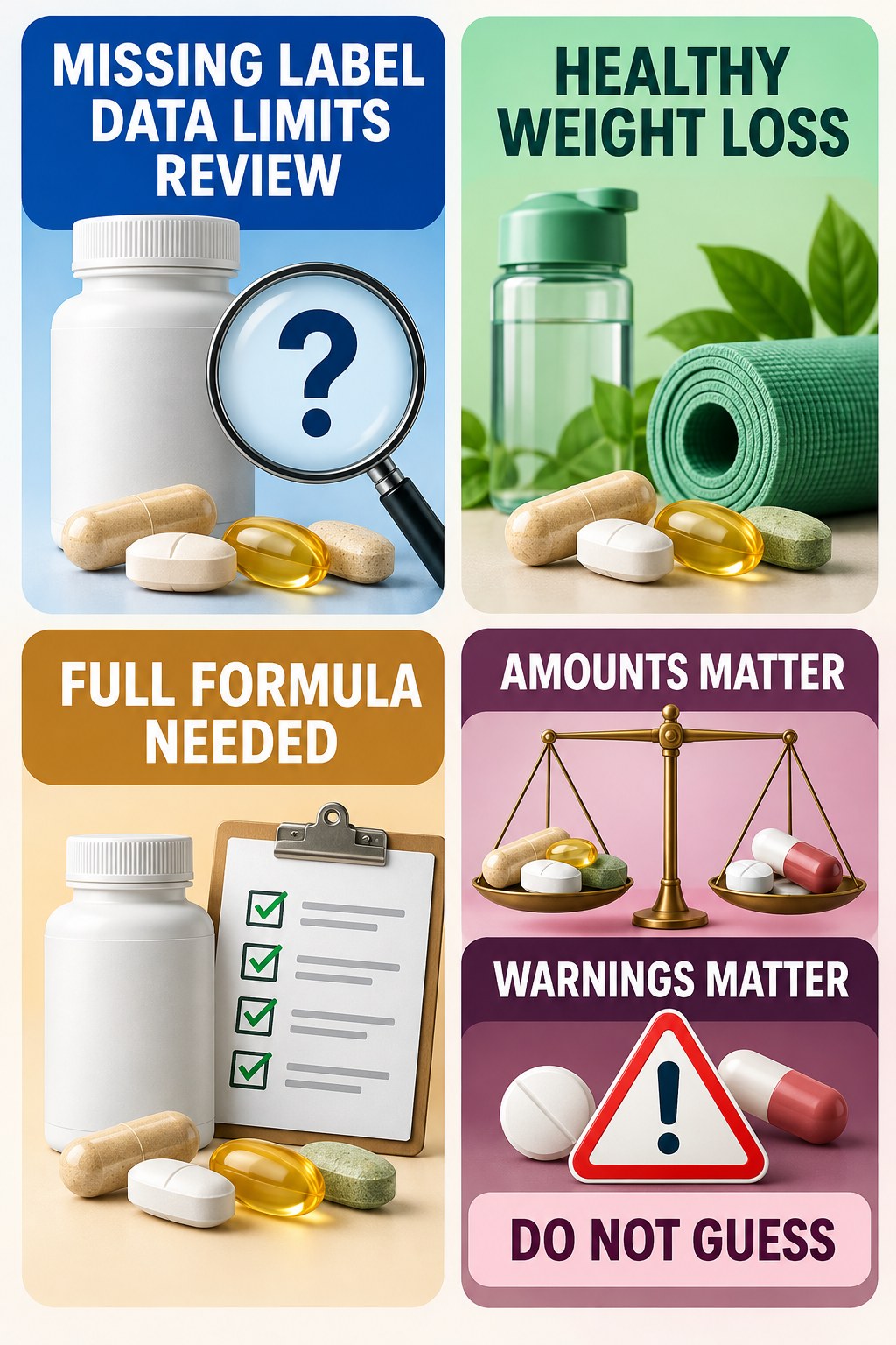 Missing Supplement Facts Limit Interaction Review supplement-interaction safety infographic for Healthy Weight Loss with four concise review points.