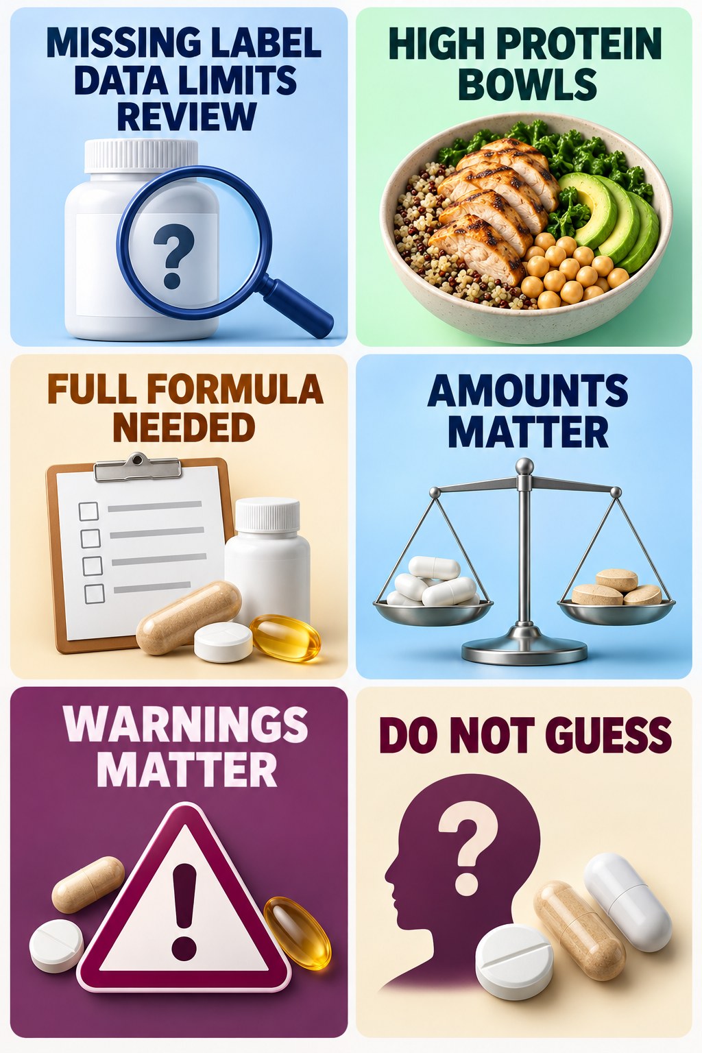 Missing Supplement Facts Limit Interaction Review supplement-interaction safety infographic for High Protein Bowls with four concise review points.