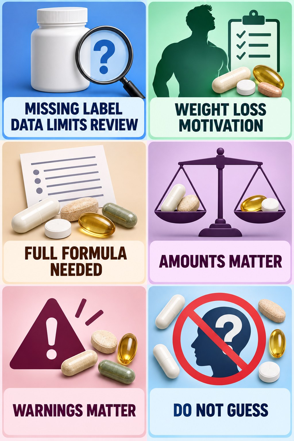 Missing Supplement Facts Limit Interaction Review supplement-interaction safety infographic for Weight Loss Motivation with four concise review points.