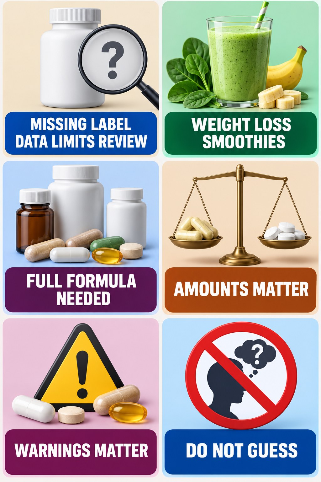 Missing Supplement Facts Limit Interaction Review supplement-interaction safety infographic for Weight Loss Smoothies with four concise review points.