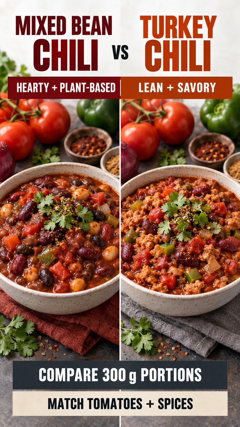Mixed bean chili and turkey chili in equal bowls with matching tomatoes, vegetables, and seasoning.