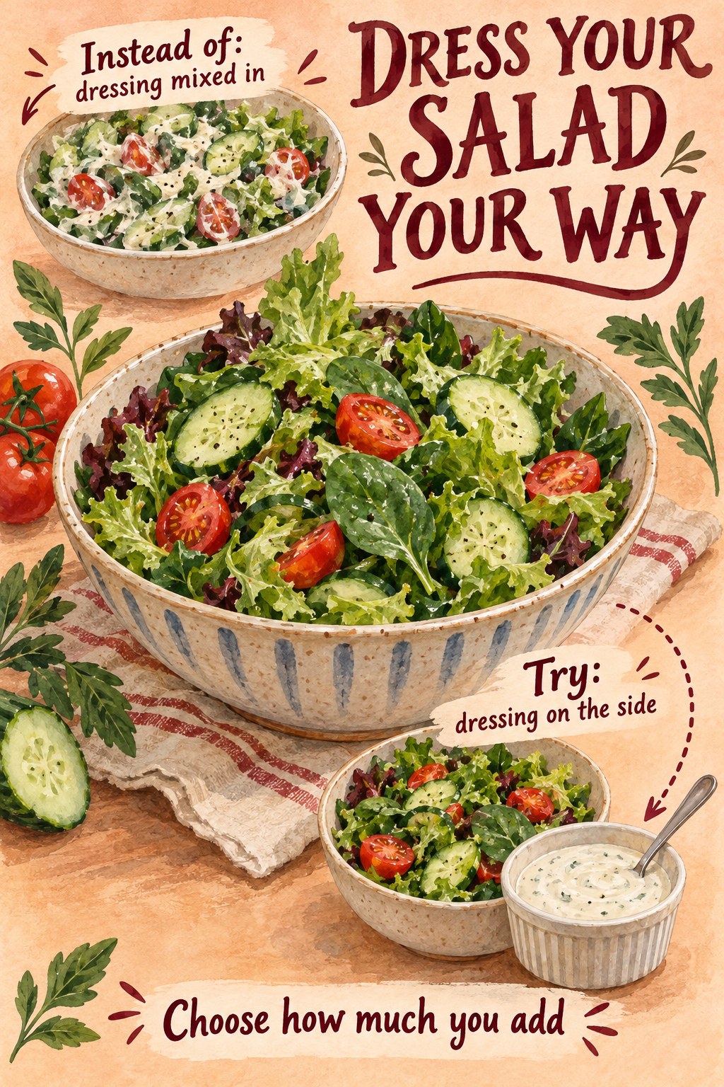 Painted salad comparison showing dressing mixed into greens and the same dressing served separately in a ramekin.