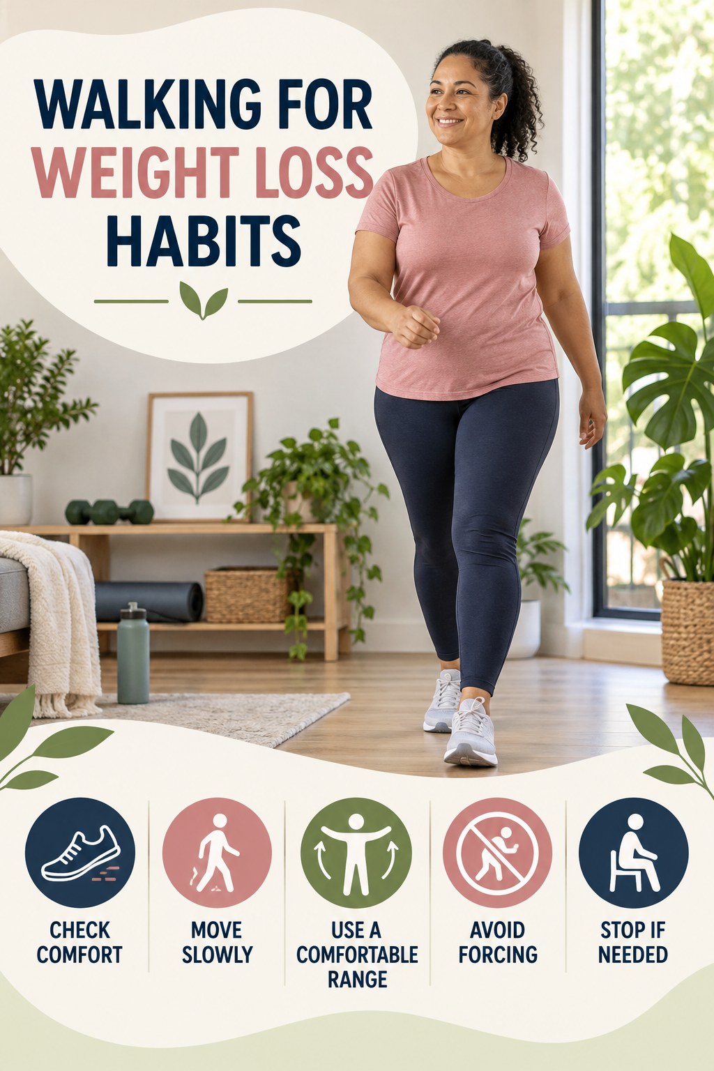 Mobility Habits for Walking for Weight Loss with five readable habit cues and a realistic board-relevant wellness scene.