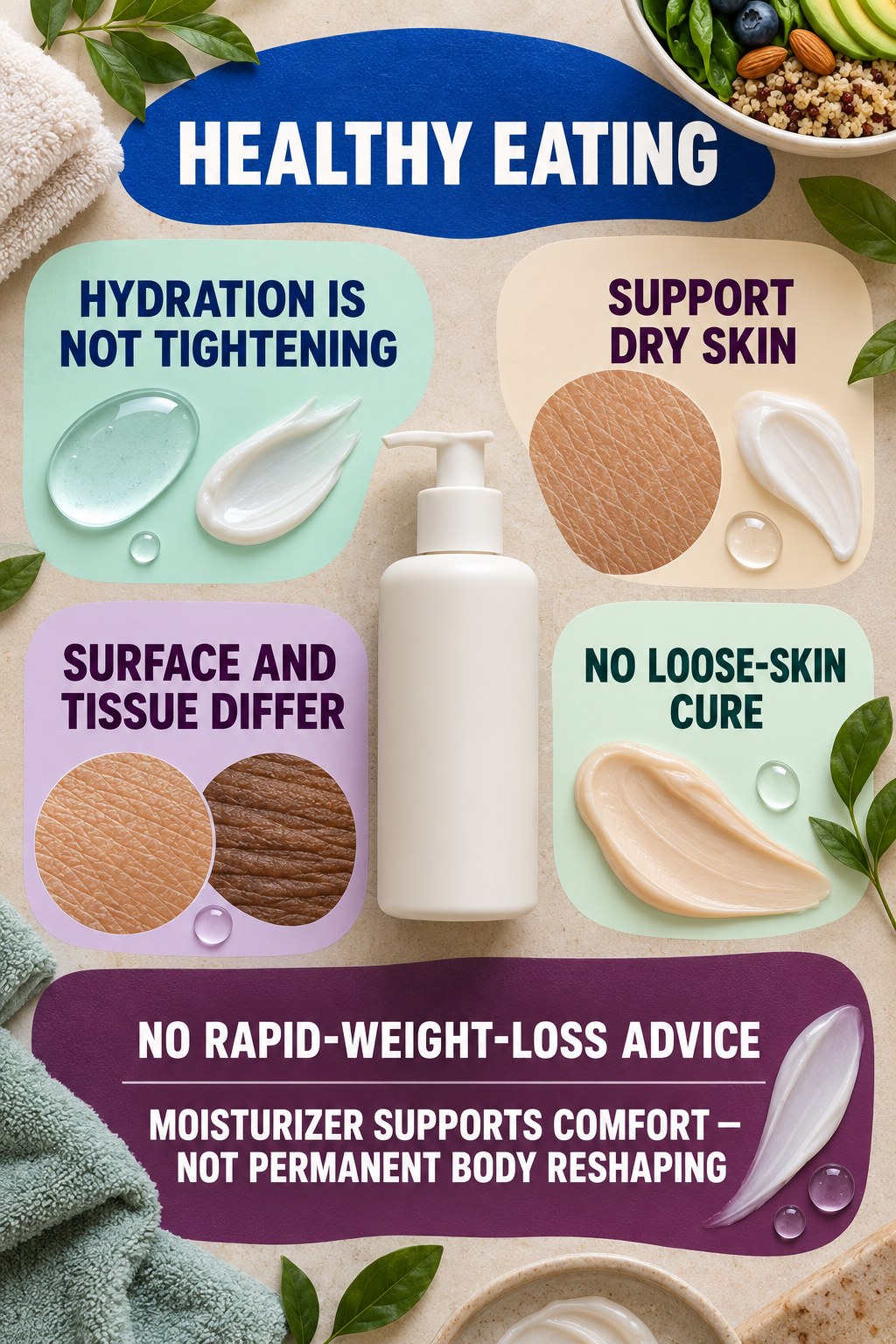 Moisturize After Weight Change Without Tightening Claims body-moisturization infographic for Healthy Eating with four body-neutral comfort actions.