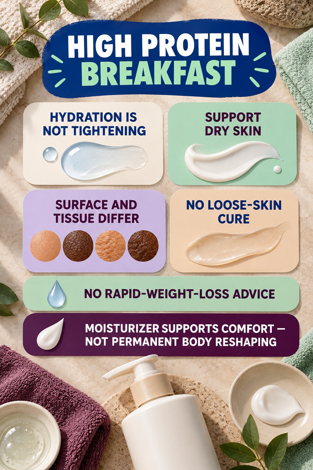 Moisturize After Weight Change Without Tightening Claims body-moisturization infographic for High Protein Breakfast with four body-neutral comfort actions.