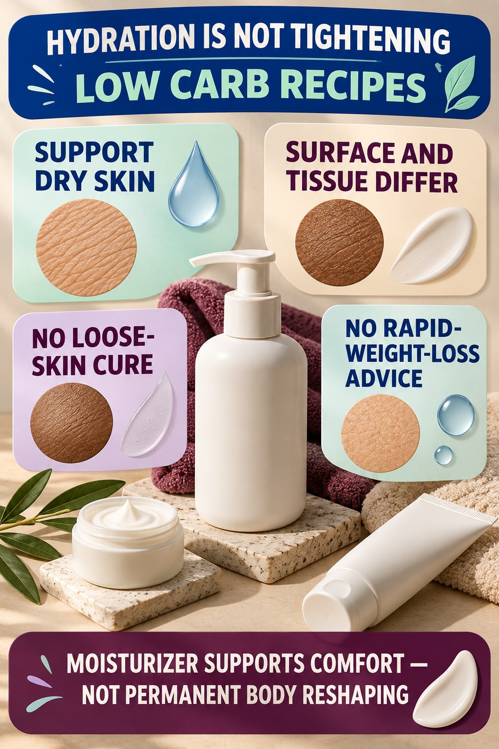 Moisturize After Weight Change Without Tightening Claims body-moisturization infographic for Low Carb Recipes with four body-neutral comfort actions.
