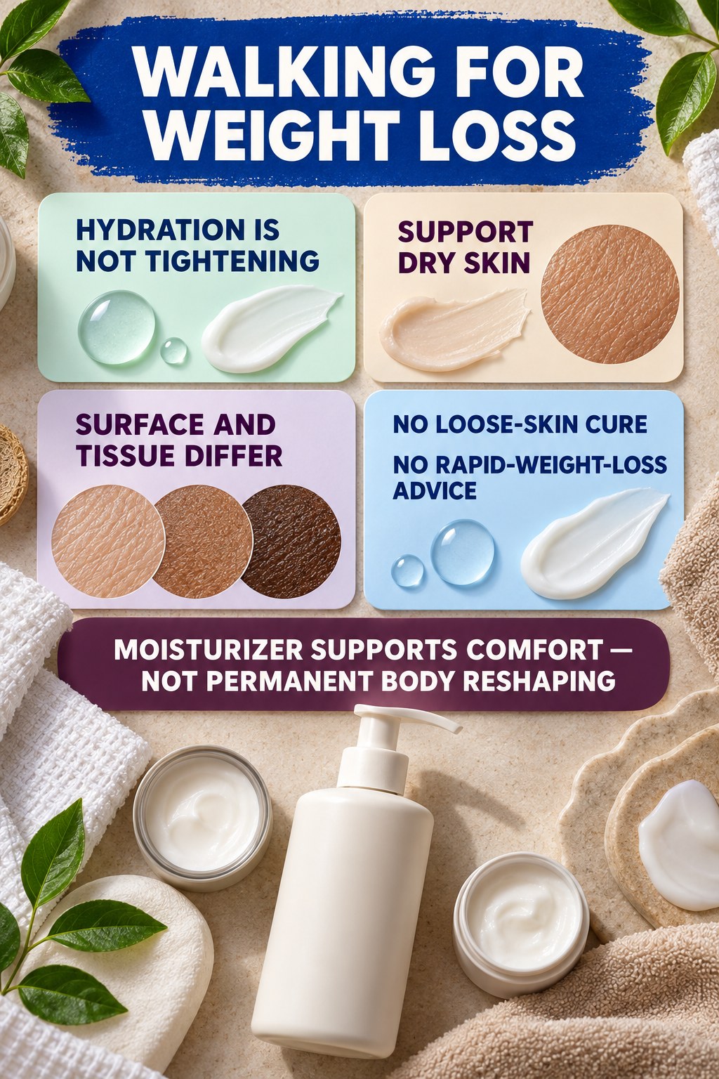 Moisturize After Weight Change Without Tightening Claims body-moisturization infographic for Walking for Weight Loss with four body-neutral comfort actions.