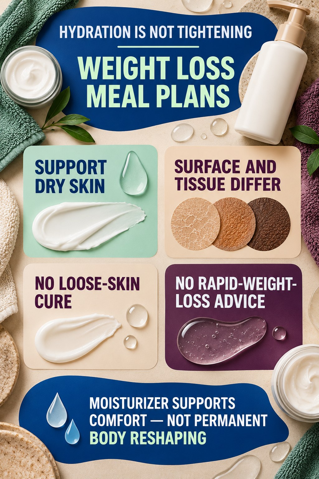 Moisturize After Weight Change Without Tightening Claims body-moisturization infographic for Weight Loss Meal Plans with four body-neutral comfort actions.