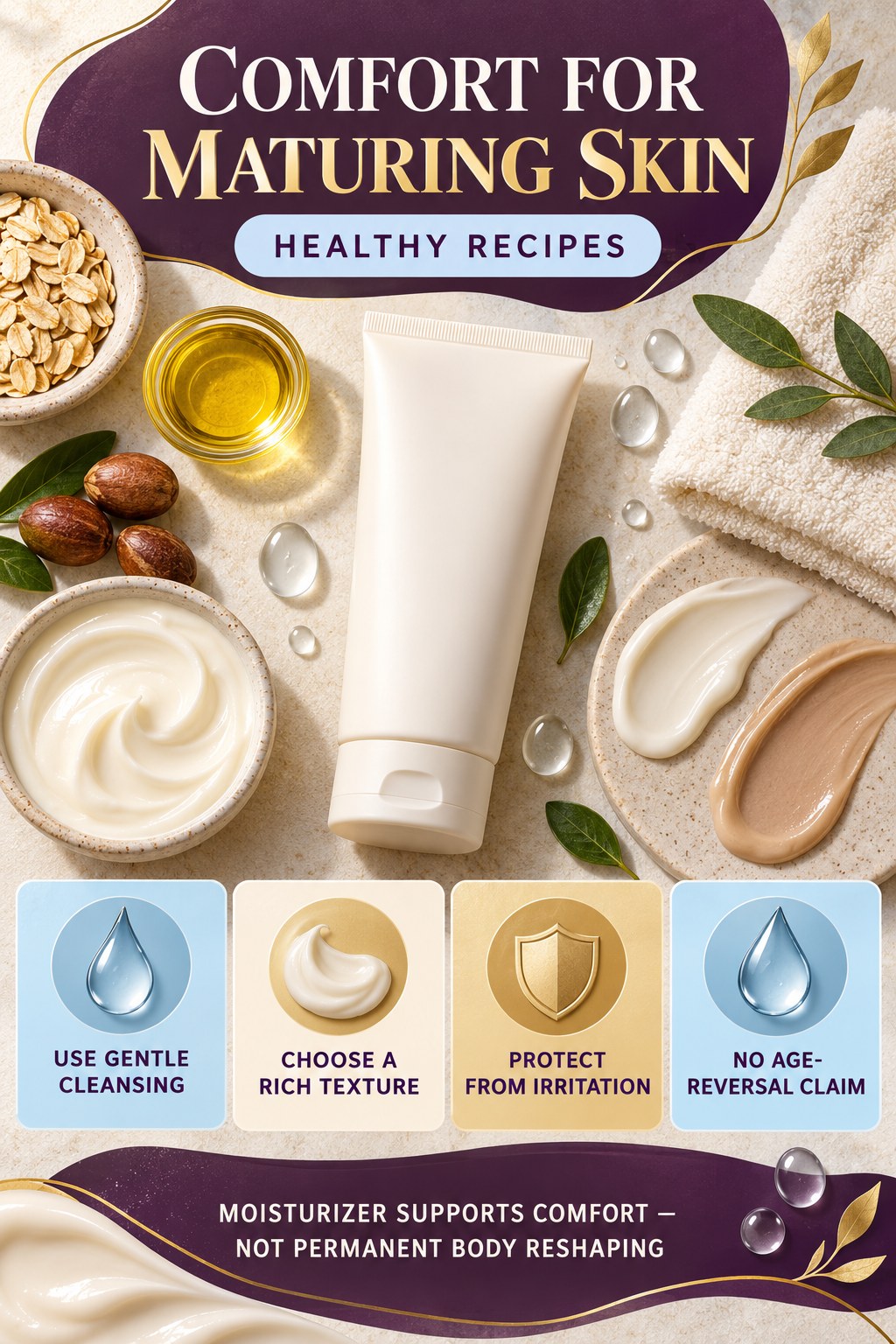 Moisturize Aging Body Skin Respectfully body-moisturization infographic for Healthy Recipes with four body-neutral comfort actions.