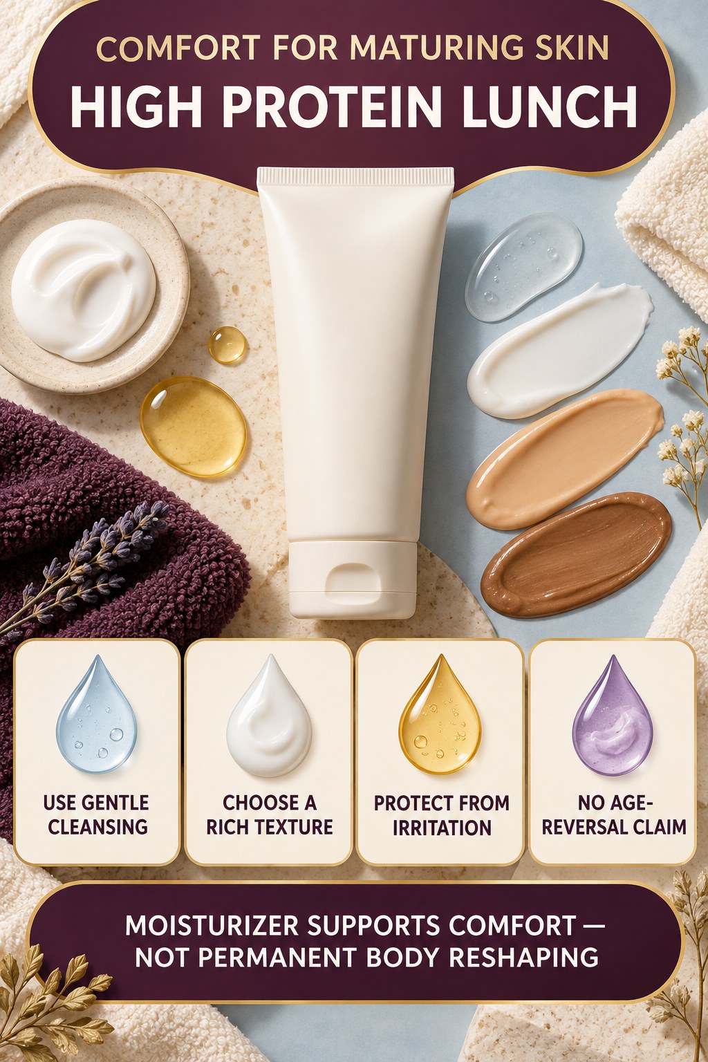 Moisturize Aging Body Skin Respectfully body-moisturization infographic for High Protein Lunch with four body-neutral comfort actions.