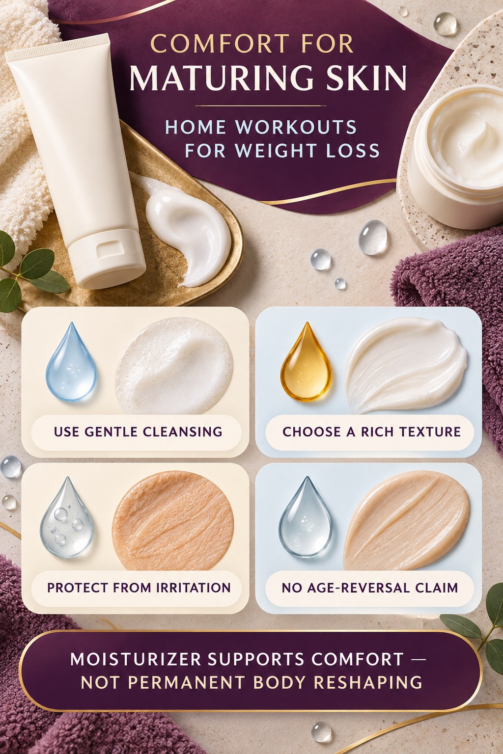 Moisturize Aging Body Skin Respectfully body-moisturization infographic for Home Workouts for Weight Loss with four body-neutral comfort actions.