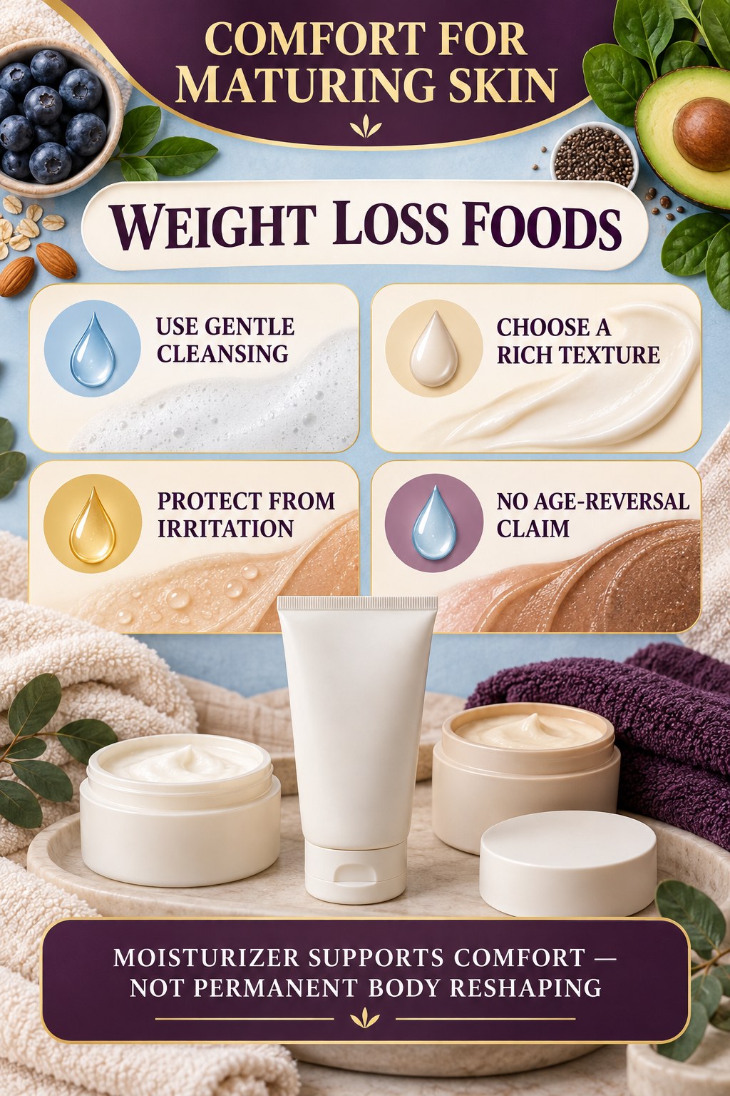 Moisturize Aging Body Skin Respectfully body-moisturization infographic for Weight Loss Foods with four body-neutral comfort actions.