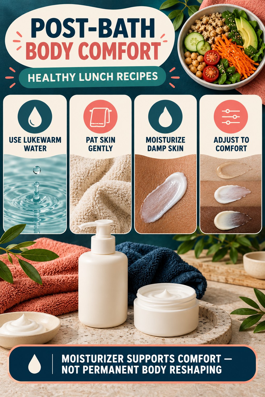 Moisturize Comfortably After Bathing body-moisturization infographic for Healthy Lunch Recipes with four body-neutral comfort actions.