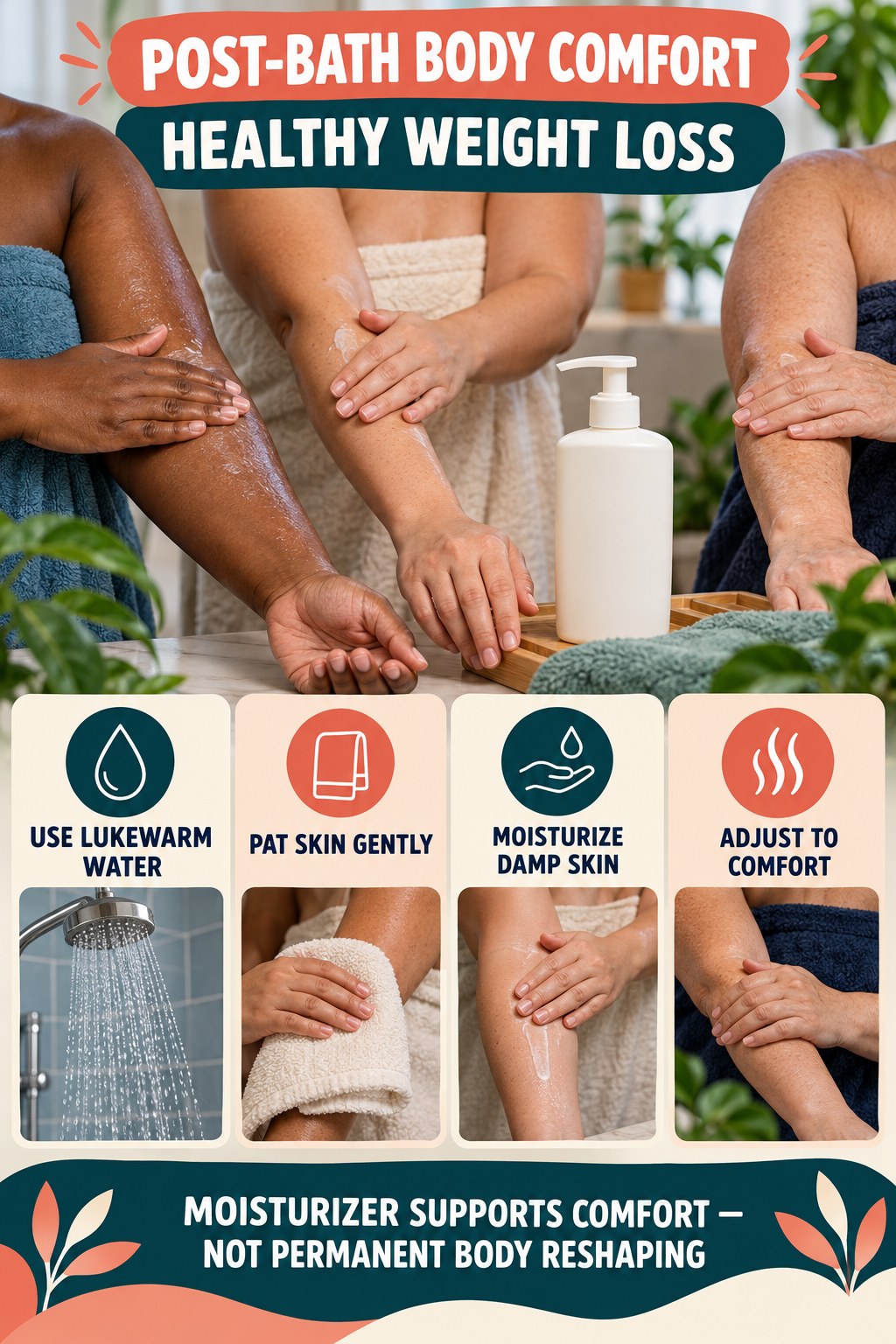 Moisturize Comfortably After Bathing body-moisturization infographic for Healthy Weight Loss with four body-neutral comfort actions.
