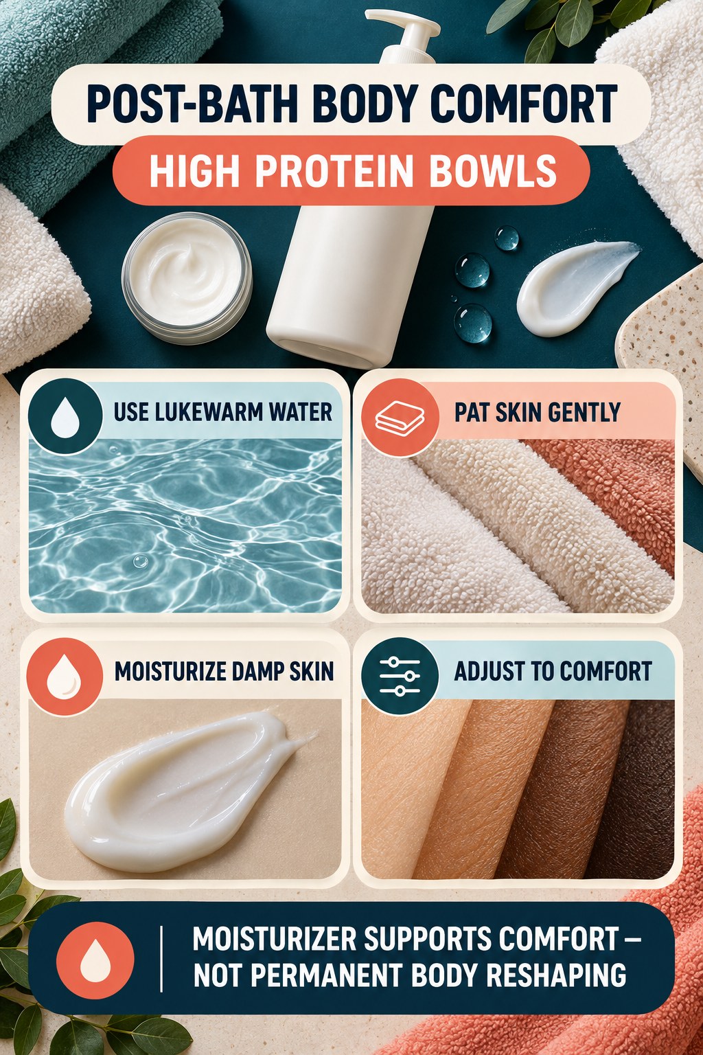 Moisturize Comfortably After Bathing body-moisturization infographic for High Protein Bowls with four body-neutral comfort actions.