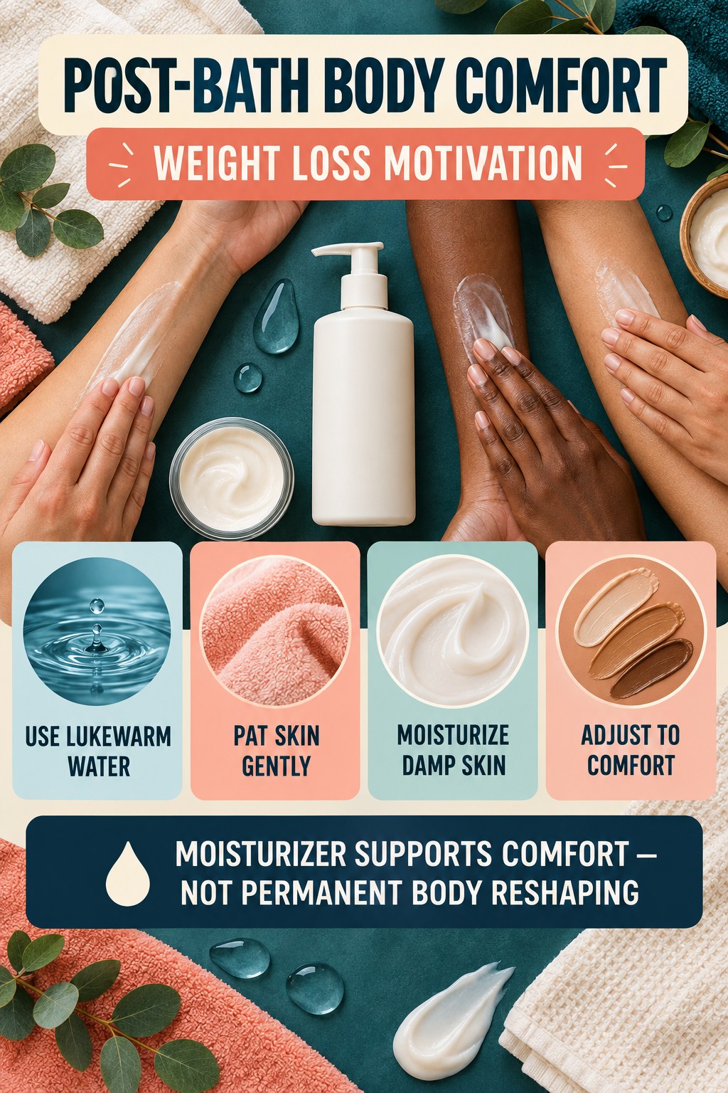 Moisturize Comfortably After Bathing body-moisturization infographic for Weight Loss Motivation with four body-neutral comfort actions.