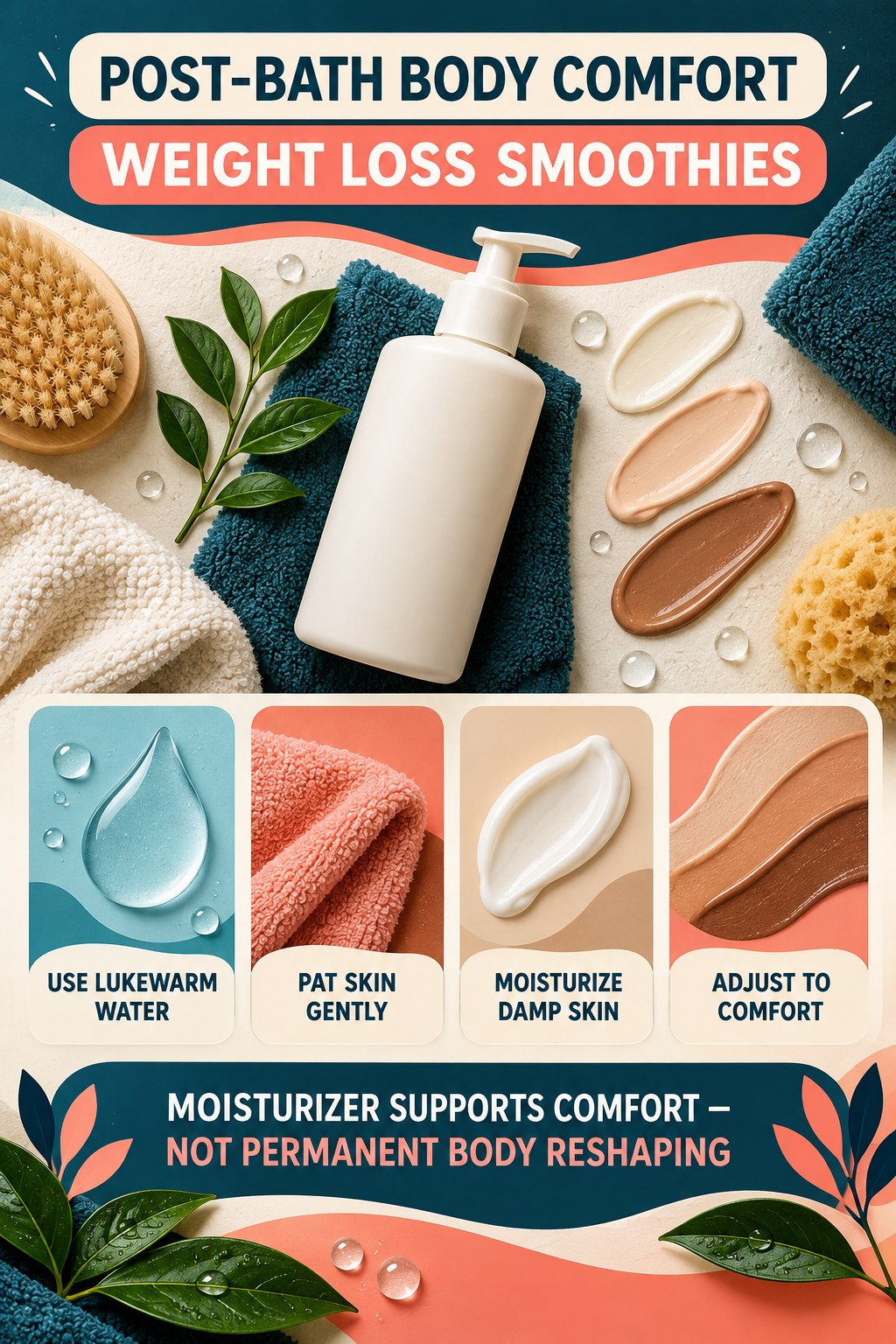 Moisturize Comfortably After Bathing body-moisturization infographic for Weight Loss Smoothies with four body-neutral comfort actions.