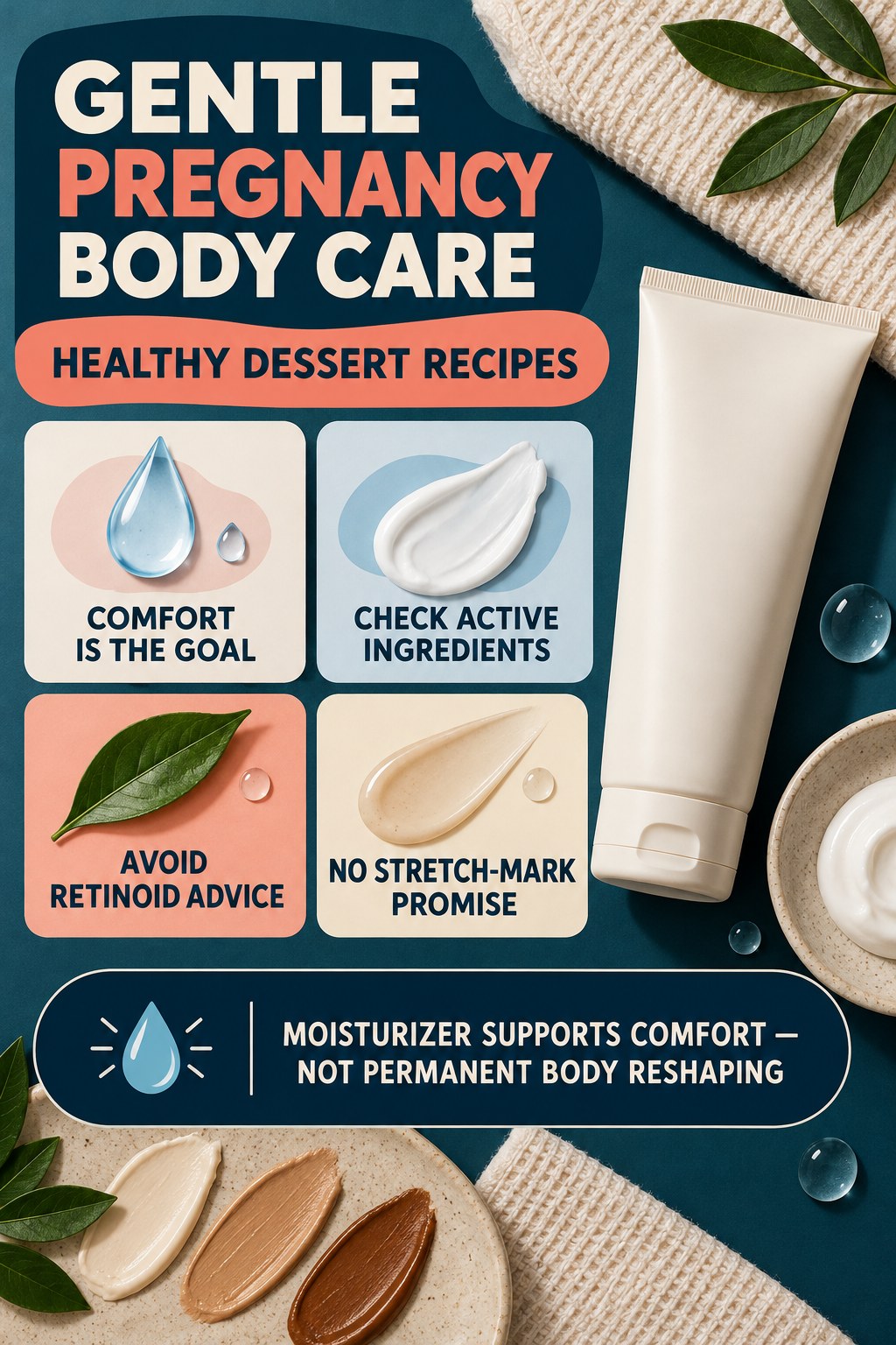 Moisturize During Pregnancy Without Guarantees body-moisturization infographic for Healthy Dessert Recipes with four body-neutral comfort actions.