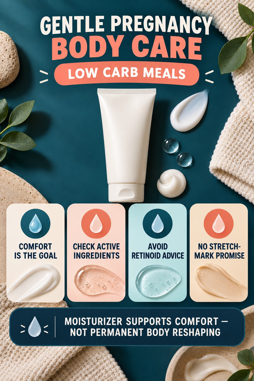 Moisturize During Pregnancy Without Guarantees body-moisturization infographic for Low Carb Meals with four body-neutral comfort actions.
