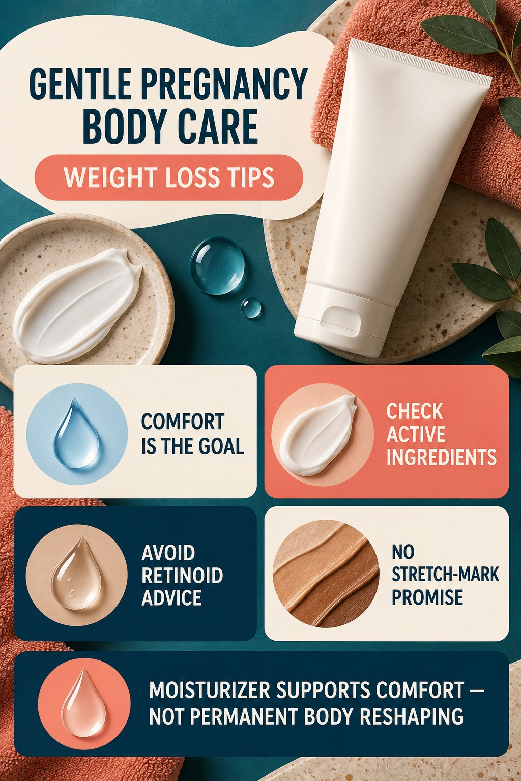 Moisturize During Pregnancy Without Guarantees body-moisturization infographic for Weight Loss Tips with four body-neutral comfort actions.