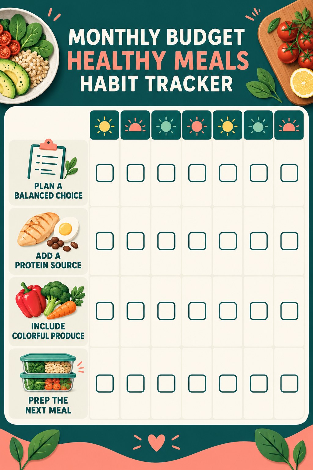 Monthly Budget Healthy Meals Habit Tracker infographic with checkboxes for plan a balanced choice, add a protein source, include colorful produce, prep the next meal.