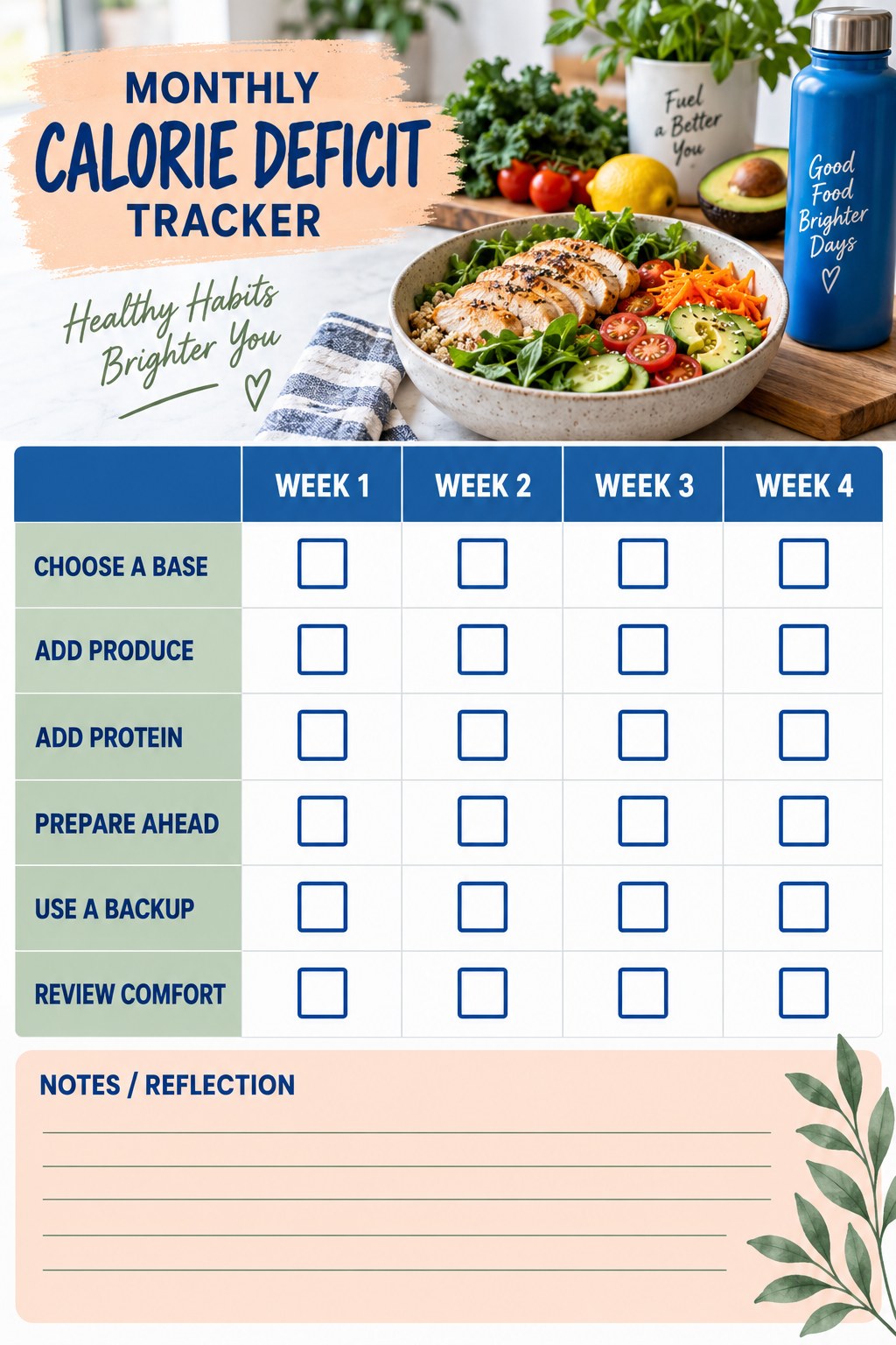 Monthly Calorie Deficit printable-style tracker graphic with six labeled rows, empty checkboxes, and a reflection area.