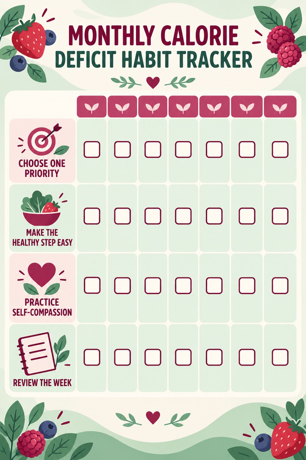 Monthly Calorie Deficit Habit Tracker infographic with checkboxes for choose one priority, make the healthy step easy, practice self-compassion, review the week.