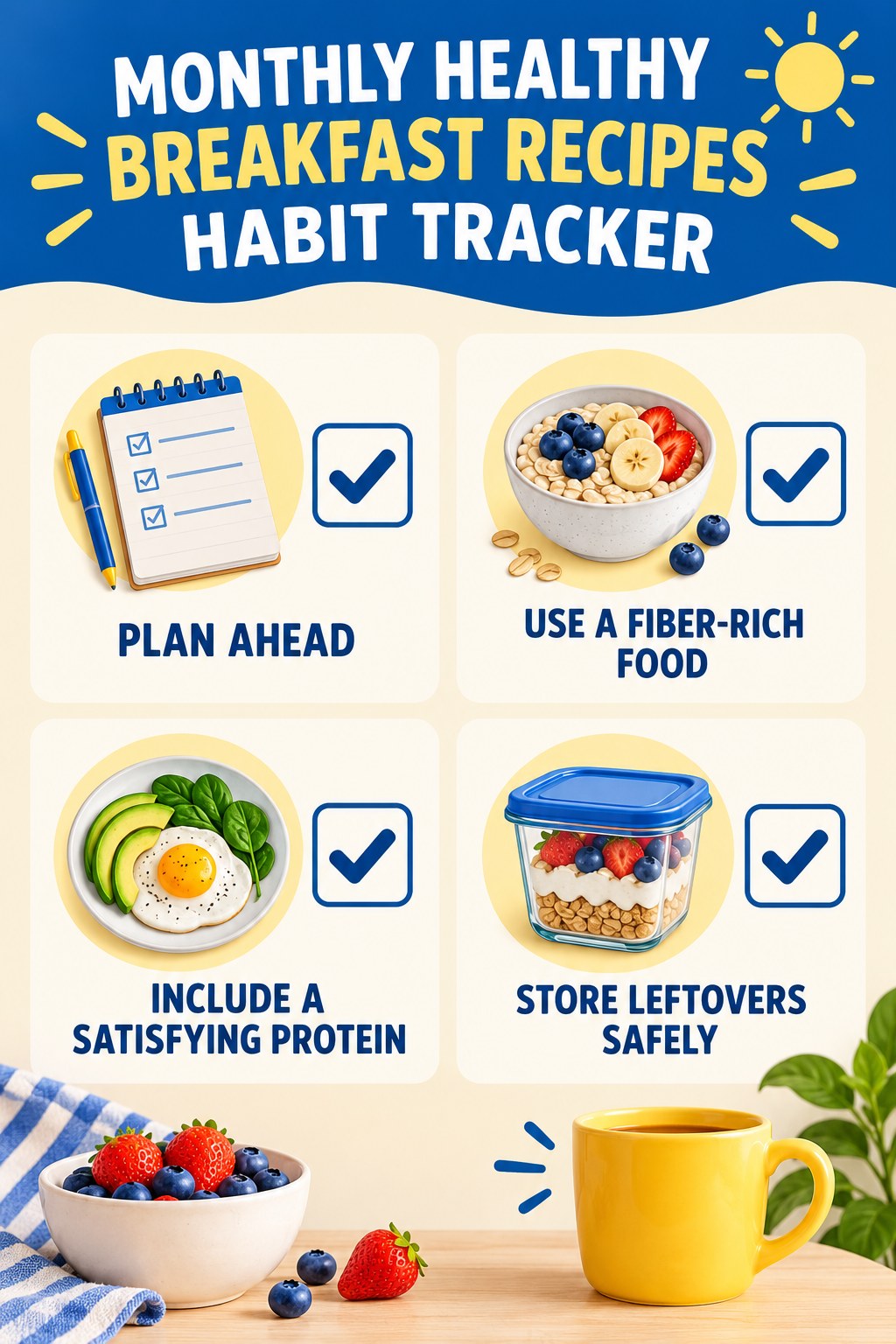 Monthly Healthy Breakfast Recipes Habit Tracker infographic with checkboxes for plan ahead, use a fiber-rich food, include a satisfying protein, store leftovers safely.
