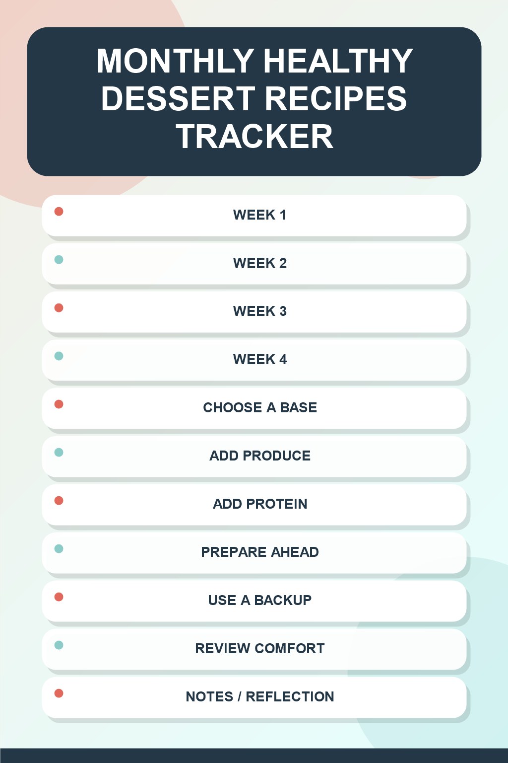 Monthly Healthy Dessert Recipes printable-style tracker graphic with six labeled rows, empty checkboxes, and a reflection area.