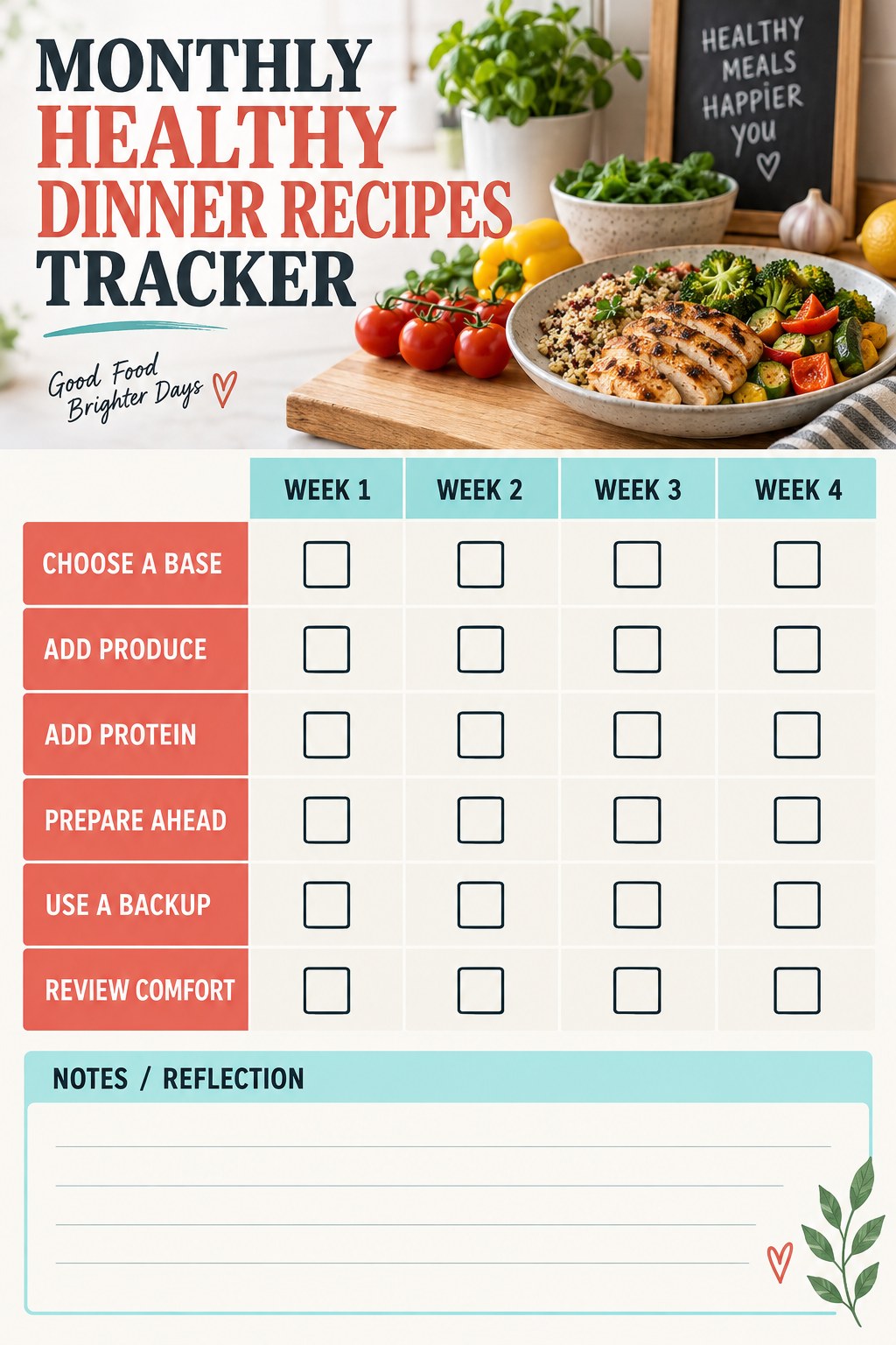 Monthly Healthy Dinner Recipes printable-style tracker graphic with six labeled rows, empty checkboxes, and a reflection area.