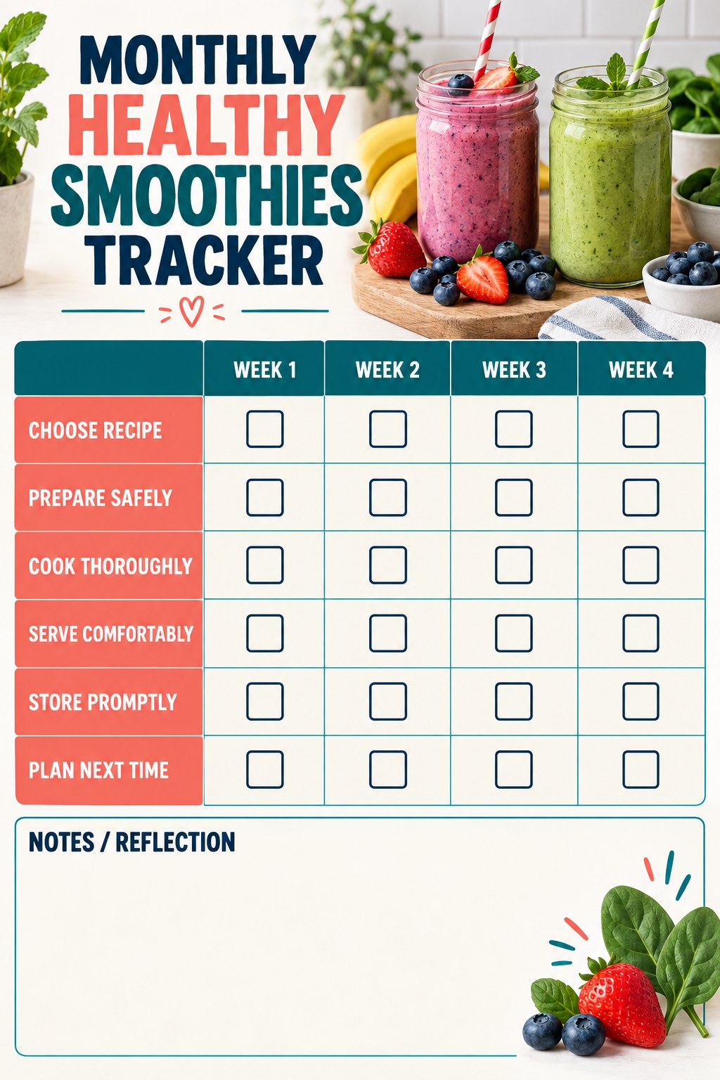 Monthly Healthy Smoothies printable-style tracker graphic with six labeled rows, empty checkboxes, and a reflection area.