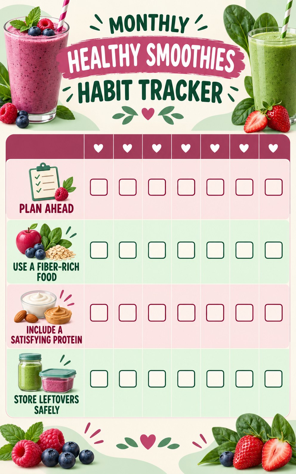 Monthly Healthy Smoothies Habit Tracker infographic with checkboxes for plan ahead, use a fiber-rich food, include a satisfying protein, store leftovers safely.