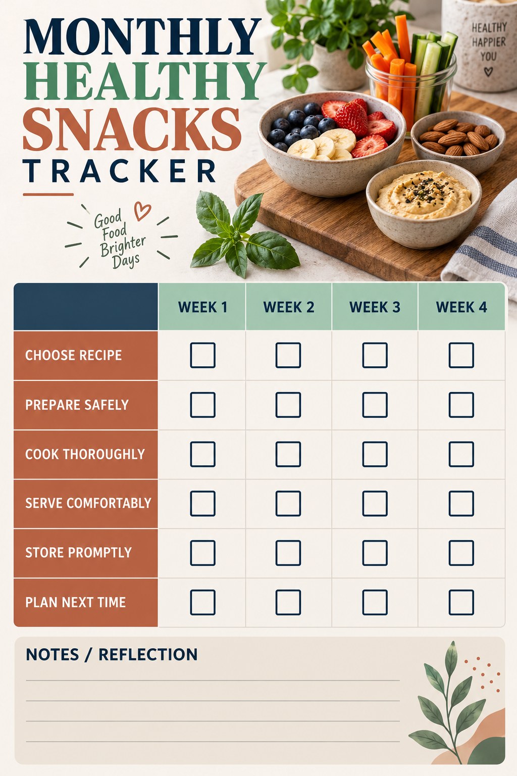 Monthly Healthy Snacks printable-style tracker graphic with six labeled rows, empty checkboxes, and a reflection area.
